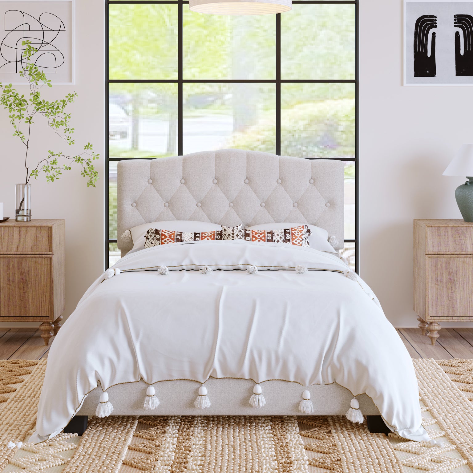 HAOYYE Upholstered Platform Bed with Saddle Curved Headboard and Diamond Tufted Details, Full, Beige Sturdy Space-Saving Heavy Duty Modern Design Adults Dorm Room Easy Assembly Bedroom Furniture