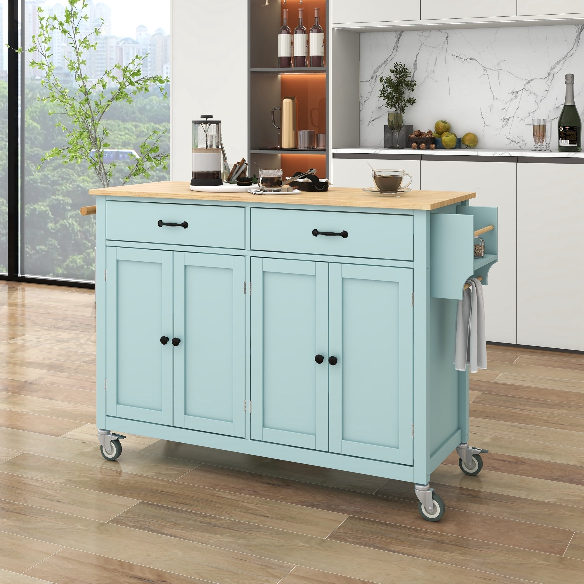 HAOYYE Kitchen Island Cart, Mint Green, with Solid Wood Top, 4-Door Cabinet, 2 Drawers, Adjustable Shelves, Spice Rack, Towel Bar, and 2 Locking Wheels. Modern, Space-Saving, Sturdy Heavy Duty Design for Easy Assembly and Versatile Use