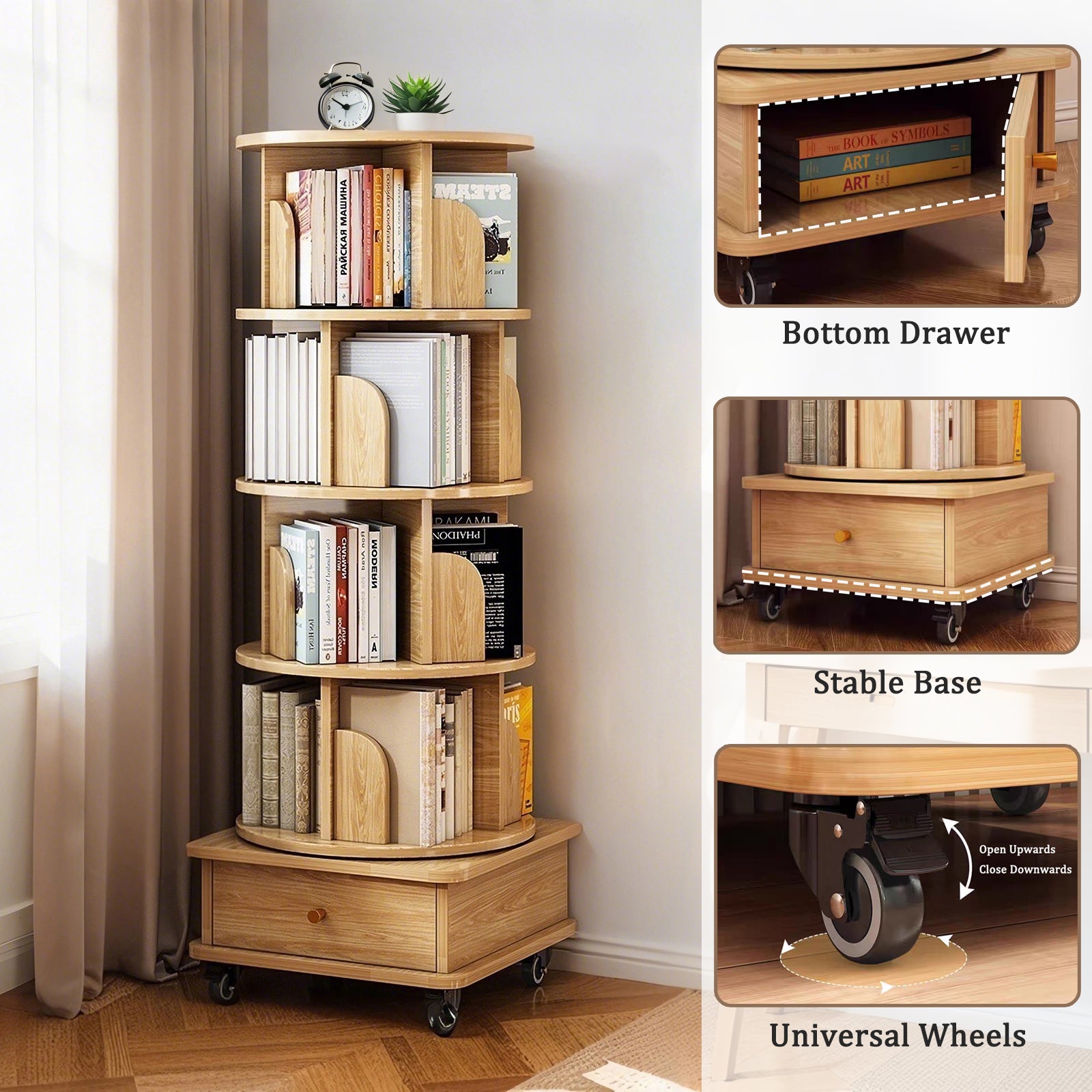 HAOYYE 5 Tier Rotating Bookshelf with 360 Degree Spinning Design and Wheels, Space-Saving Round Display Shelf Tower for Small Spaces in Bedroom, Living Room, Home Office, Modern Wooden Storage Organizer in Natural Wood Color