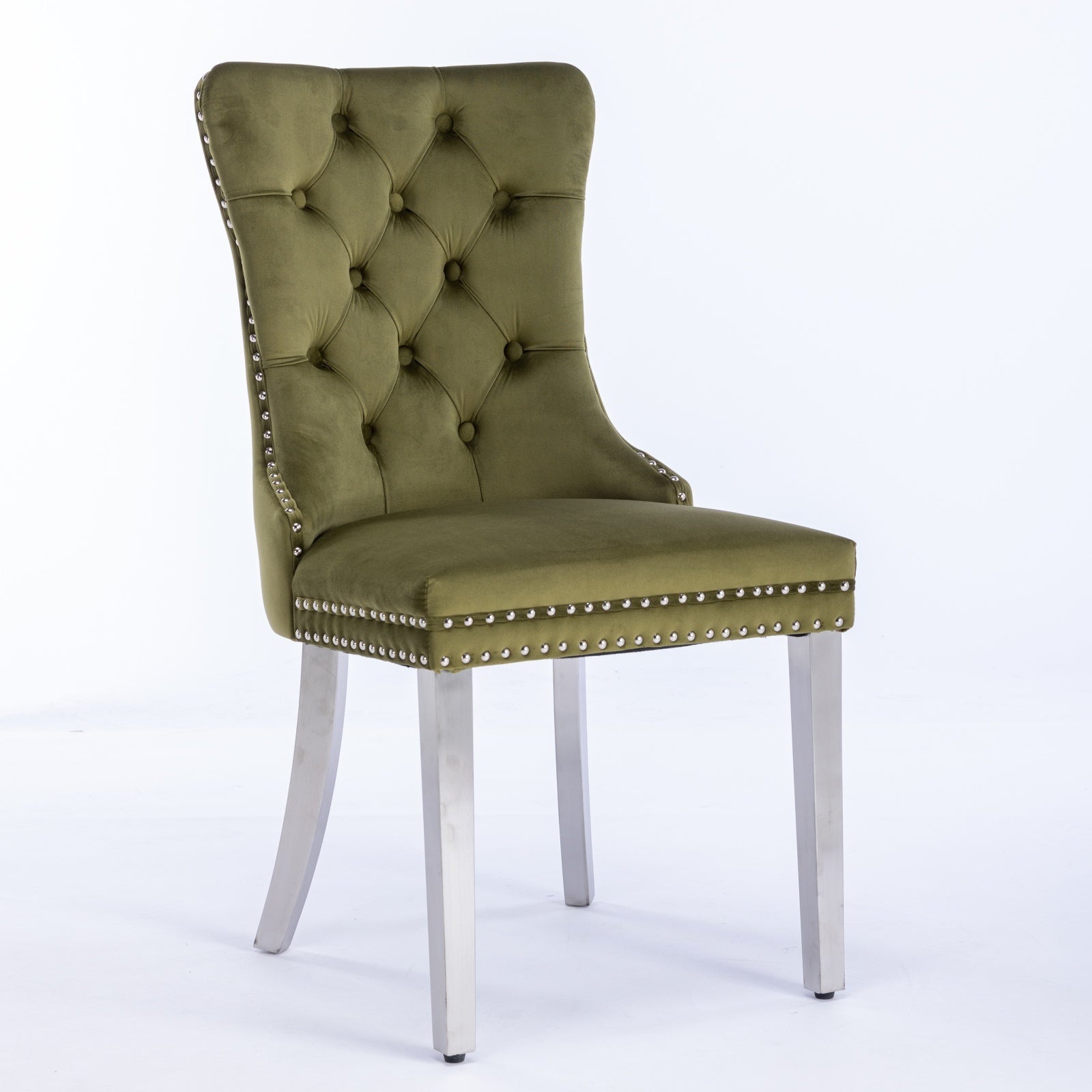 HAOYYE High-end Tufted Solid Wood Contemporary Velvet Upholstered Dining Chair with Chrome Stainless Steel Plating Legs,Nailhead Trim,Set of 2,Olive-Green and Chrome, SW1701OL Sturdy
