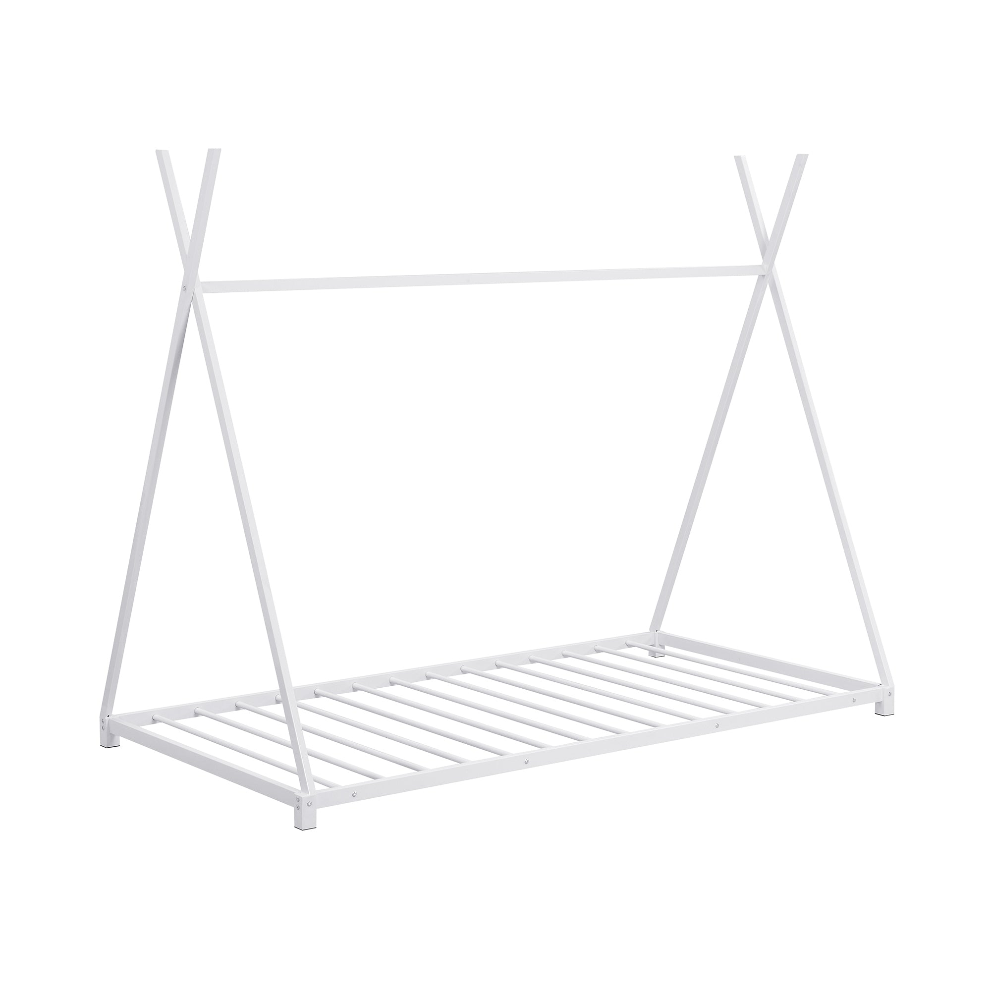 HAOYYE Metal Twin Size House Platform Bed with Triangle Structure, White Sturdy Space-Saving Heavy Duty Modern Design Adults Dorm Room Easy Assembly Bedroom Furniture
