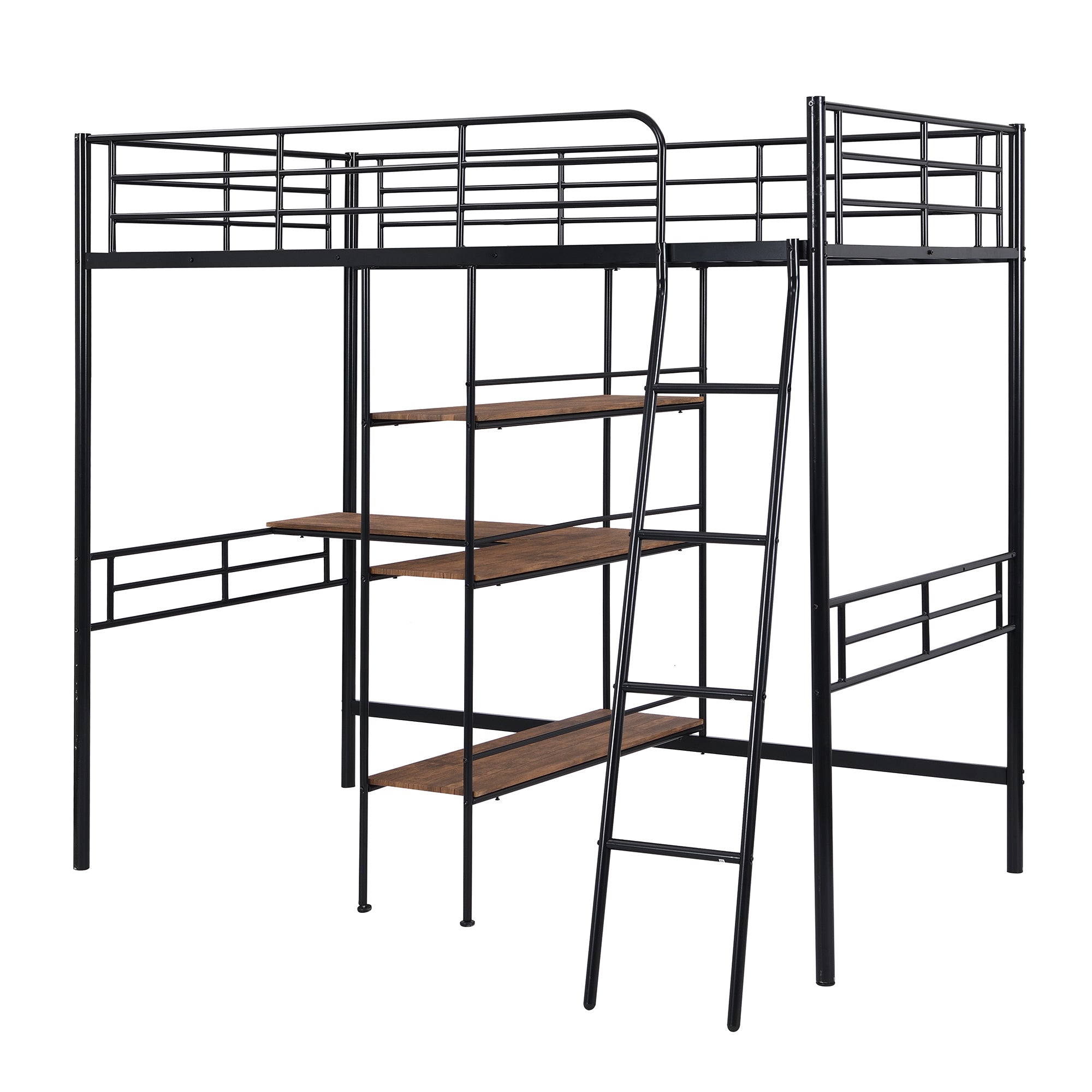 HAOYYE Twin Size Metal Loft Bed and Built-in Desk and Shelves,Black Sturdy Space-Saving Heavy Duty Modern Design Adults Dorm Room Easy Assembly Bedroom Furniture