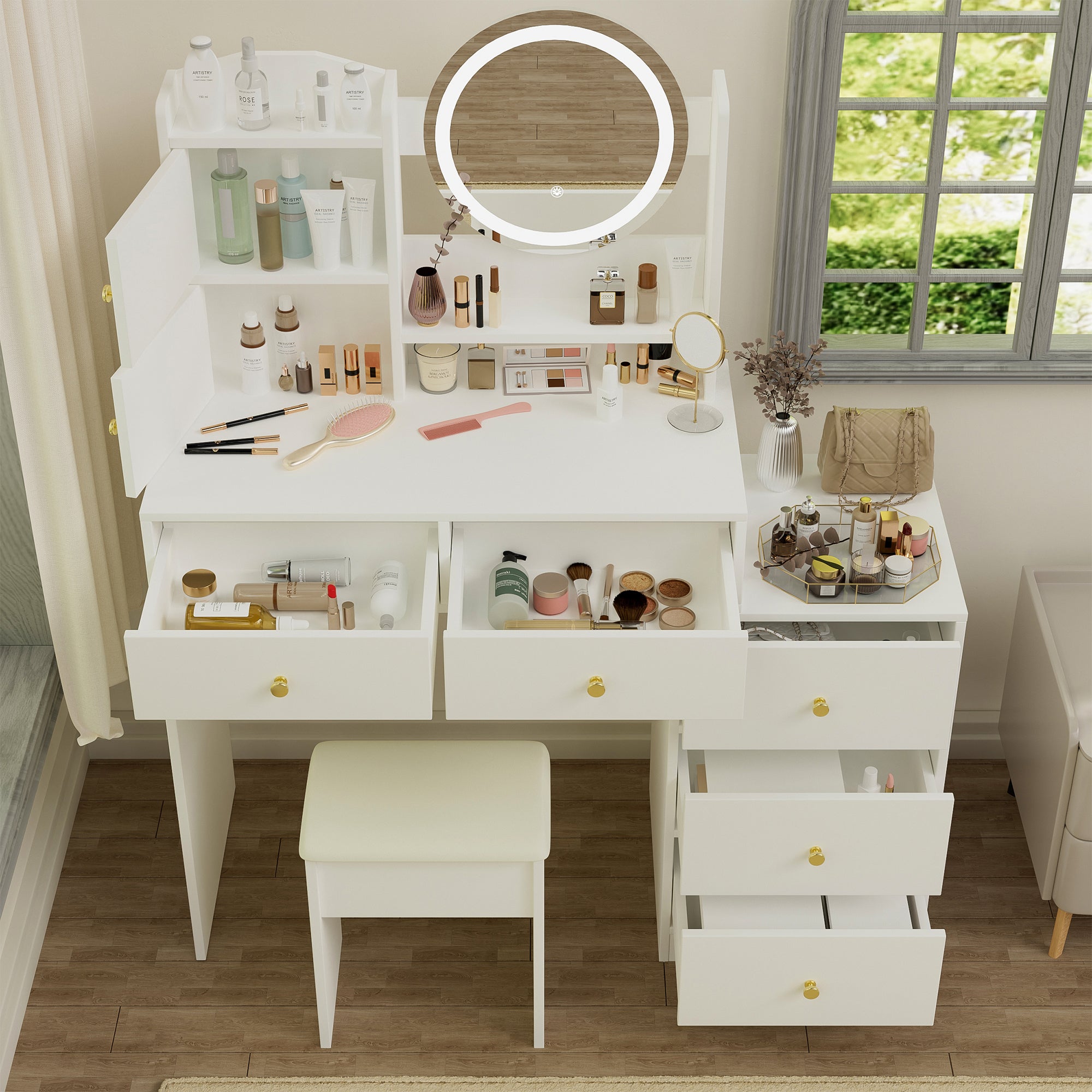 HAOYYE Fashion Vanity Desk with Mirror and Lights for Makeup and Cushioned Chair, Vanity Mirror with Lights and Table Set with 3 Color Lighting Brightness Adjustable,Dressing table, White Color Sturdy