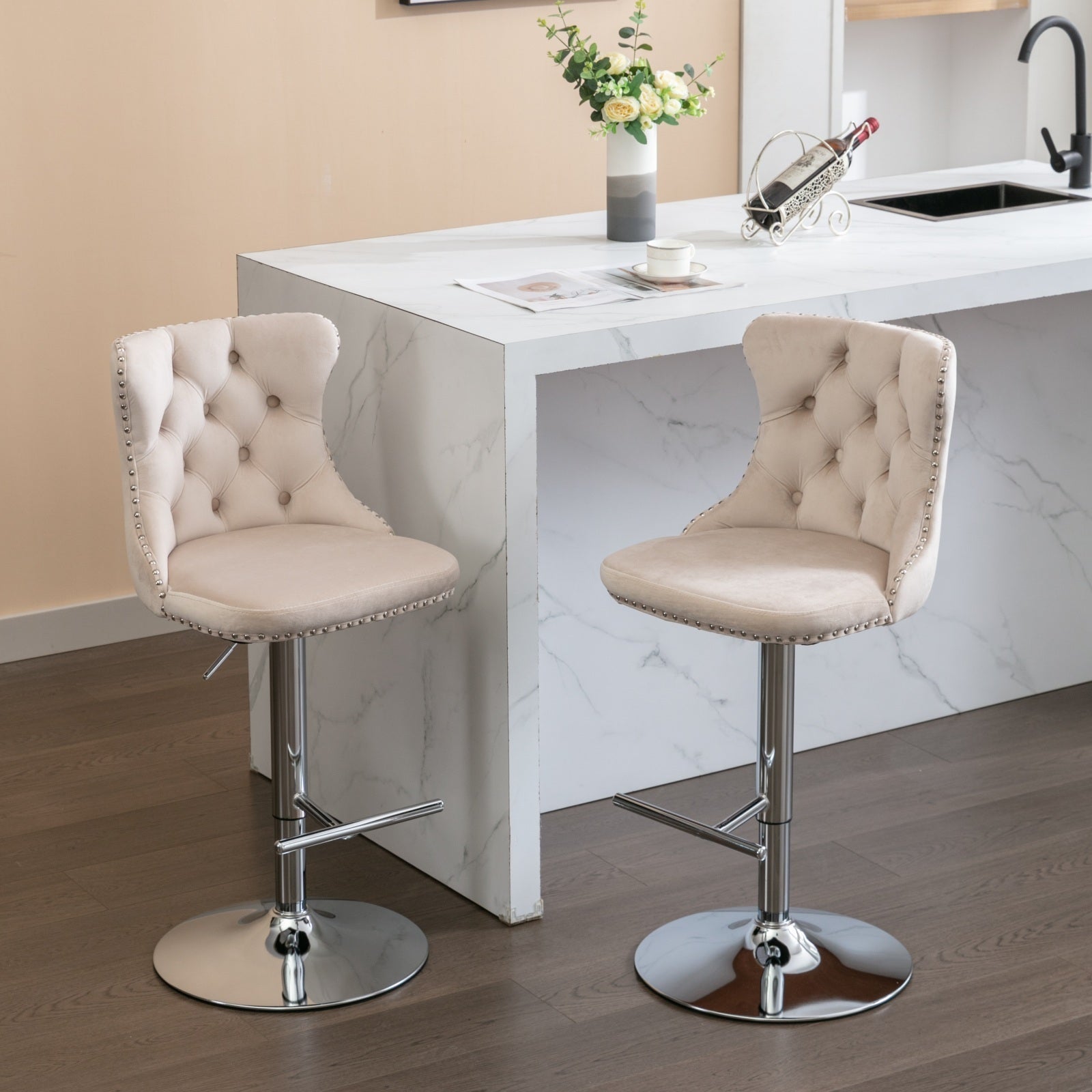 HAOYYE Swivel Velvet Barstools, Adjustable Seat Height 25-33 Inch, Modern Upholstered Chrome Base Bar Stools with Tufted Backs, Comfortable Set of 2 for Home, Pub, Kitchen Island, Beige, Sturdy Design