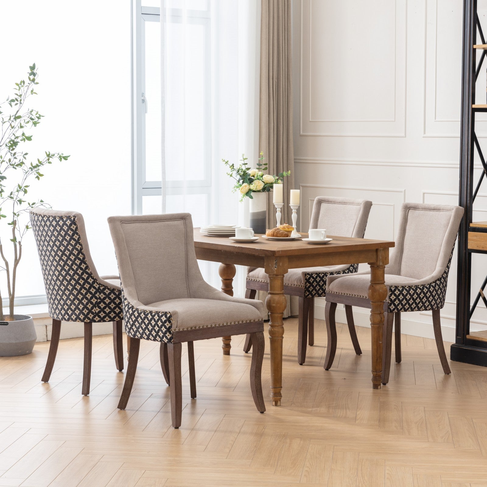 HAOYYE Ultra Side Dining Chair, Thickened fabric chairs with neutrally toned solid wood legs, Bronze nail head, Set of 2, Beige and Patterned,SW2207BG Sturdy Space-Saving Heavy Duty