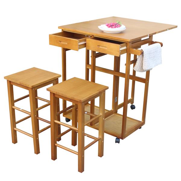 HAOYYE Square Solid Wood Folding Dining Cart with 2 Free Stools, Expandable Drop Leaf Tabletop, 2 Storage Drawers, Rolling Kitchen Island with Push Handle, Space-Saving Mobile Dining Solution for Home