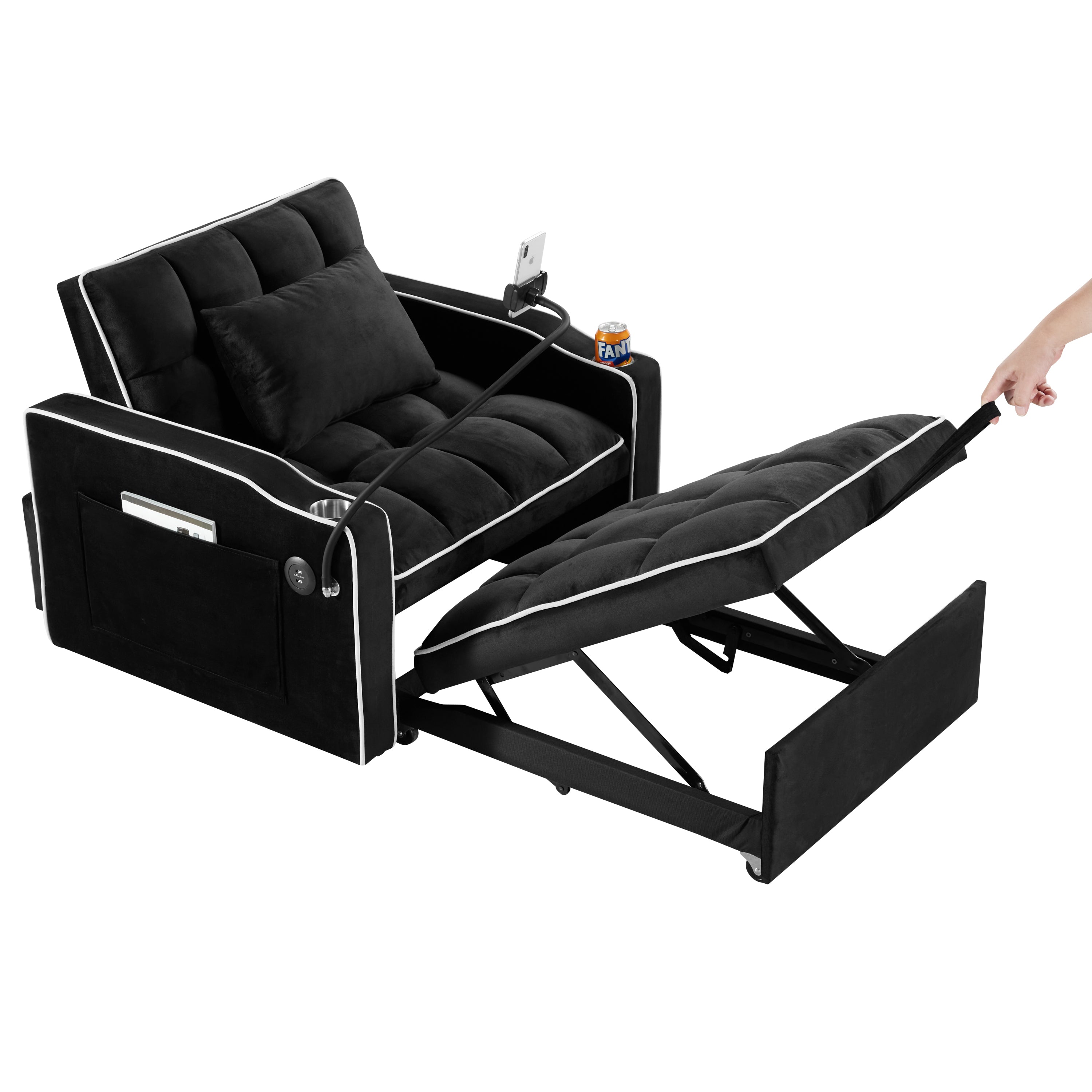 HAOYYE Convertible 3-in-1 Sleeper Chair Sofa Bed Adjustable Pull-Out Sleeper Chair Bed Folding Sofa Bed with Multiple Pockets for Living Room Bedroom Small Space, Black Sturdy Space-Saving Heavy Duty Modern Design