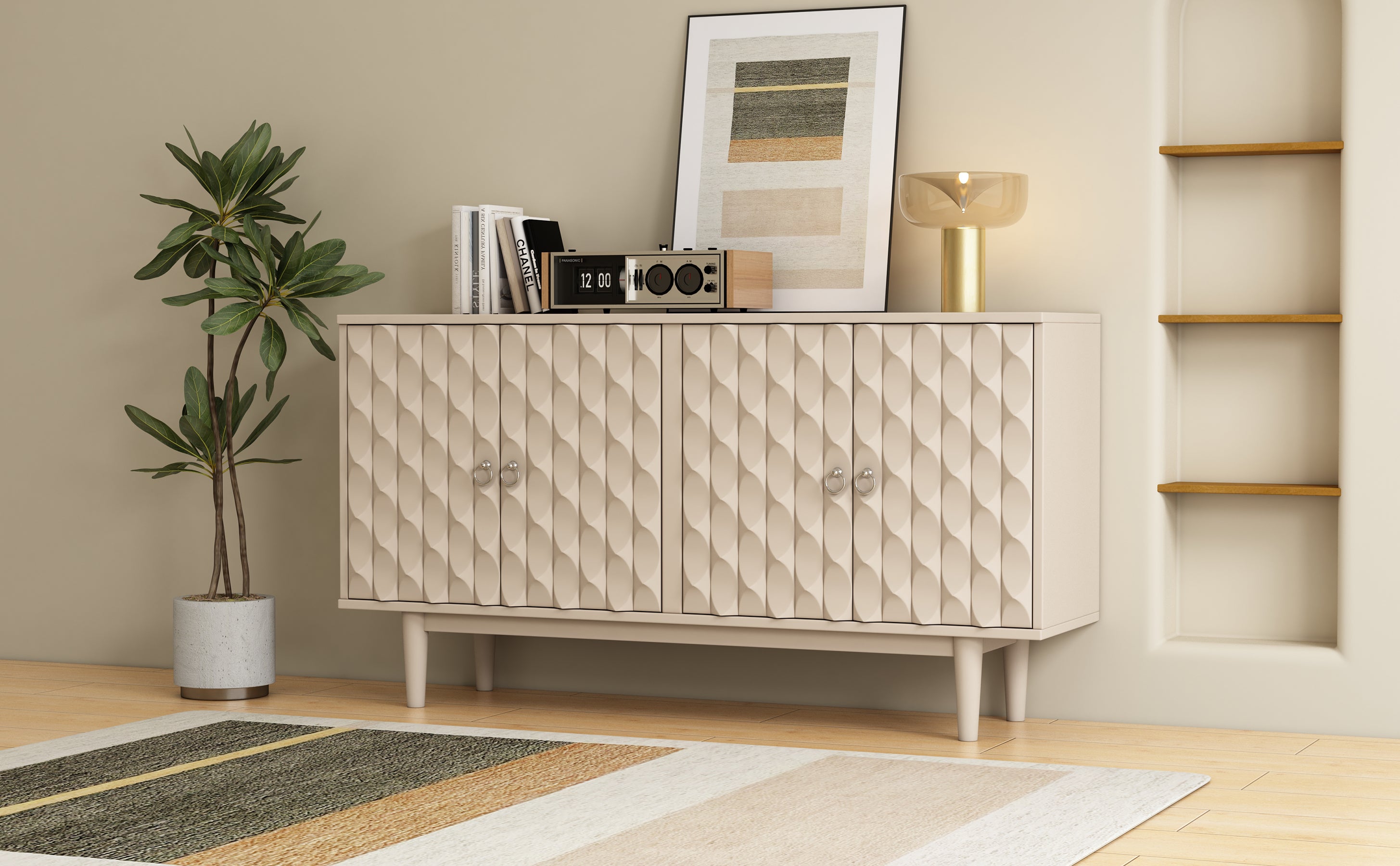 HAOYYE Modern 4-door Sideboard with Convex Pattern Doors and 2 Silver Handle for Living Room, Dining Room, Kitchen (Almond) Sturdy Space-Saving Heavy Duty Modern Design Easy Assembly Durable Stylish