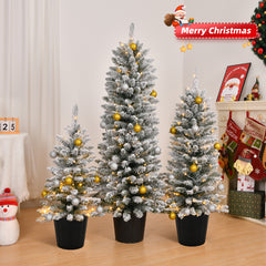 HAOYYE Set of 3 Pre-lit Snow Flocked Artificial Christmas Trees with Pot Stands Battery Operated 50 100 150 Warm LED Lights and 130 180 250 PVC Branch Tips Perfect for Holiday Party Office or Home Décor