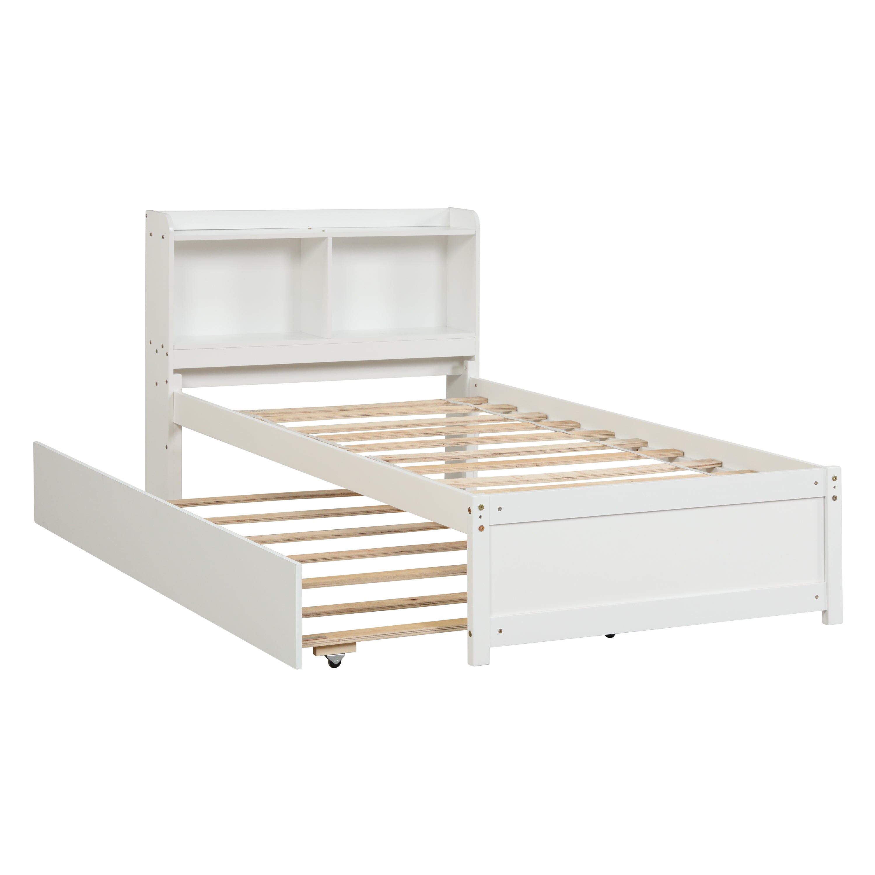 HAOYYE Twin Bed with Trundle,Bookcase,White Sturdy Space-Saving Heavy Duty Modern Design Adults Dorm Room Easy Assembly Bedroom Furniture