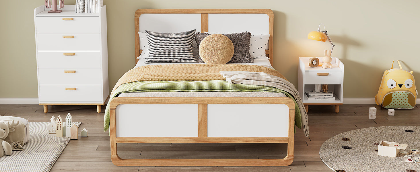 HAOYYE Modern Style Queen Size Solid Wood Platform Bed for , Teens, Adults, No Need Box Spring, Walnut and White Sturdy Space-Saving Heavy Duty Modern Design Dorm Room Easy Assembly Bedroom Furniture