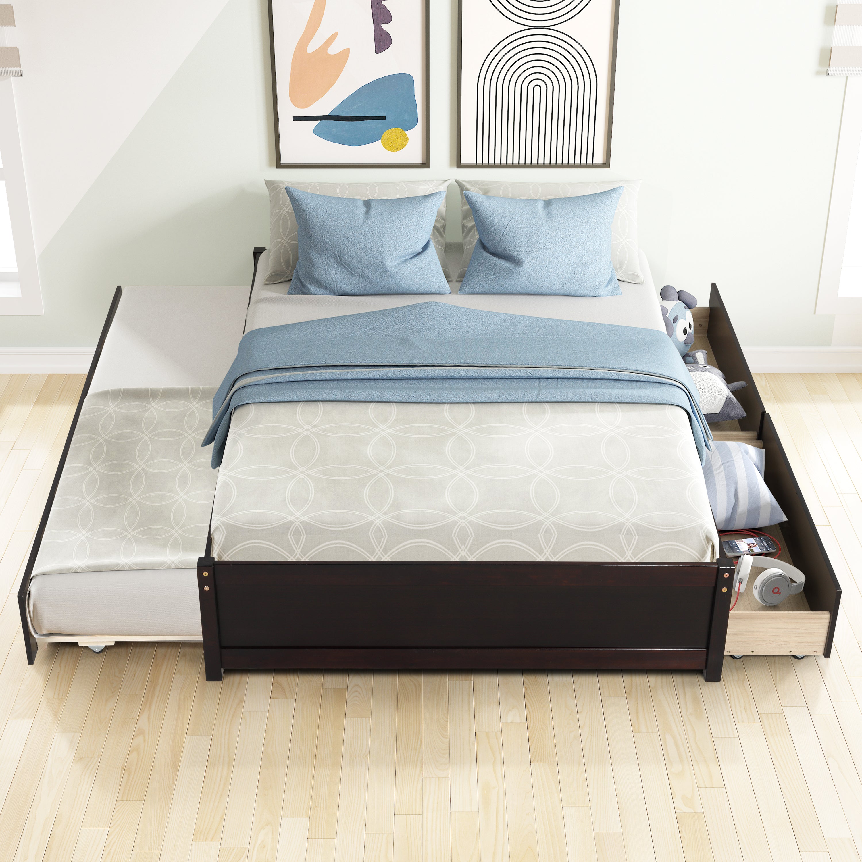 HAOYYE Full Bed With Trundle And Two Storage Drawers, Espresso Wood Platform Bed Frame, Space-Saving Heavy Duty Design, Modern Style For Bedroom Or Dorm Room, Easy Assembly