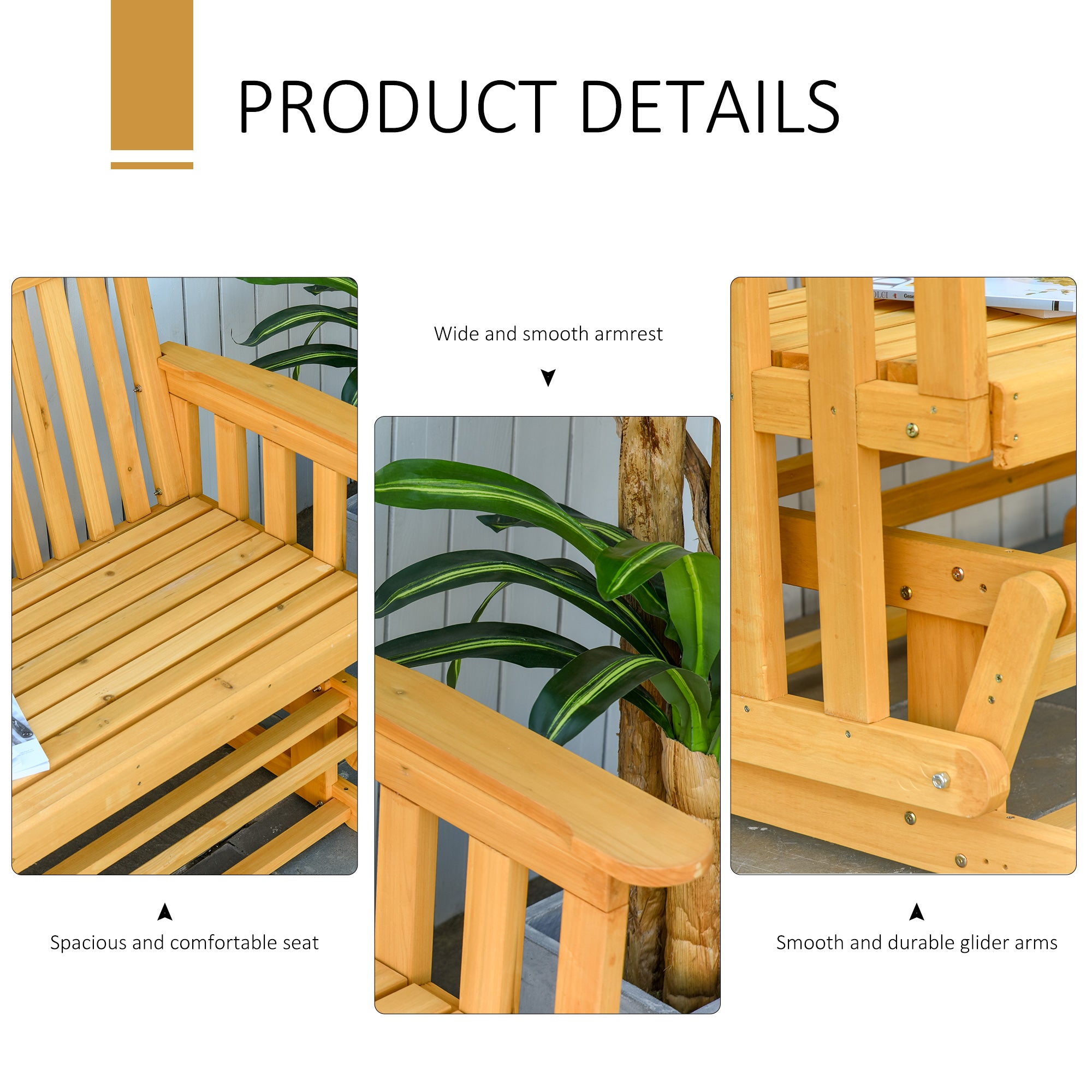 HAOYYE Natural Fir Wood Outdoor Glider Chair, Smooth Quiet Rocking Motion, Wide Seat for Two, Durable Solid Wood Frame, Perfect for Garden, Patio, Porch, Backyard Relaxation, Easy Assembly