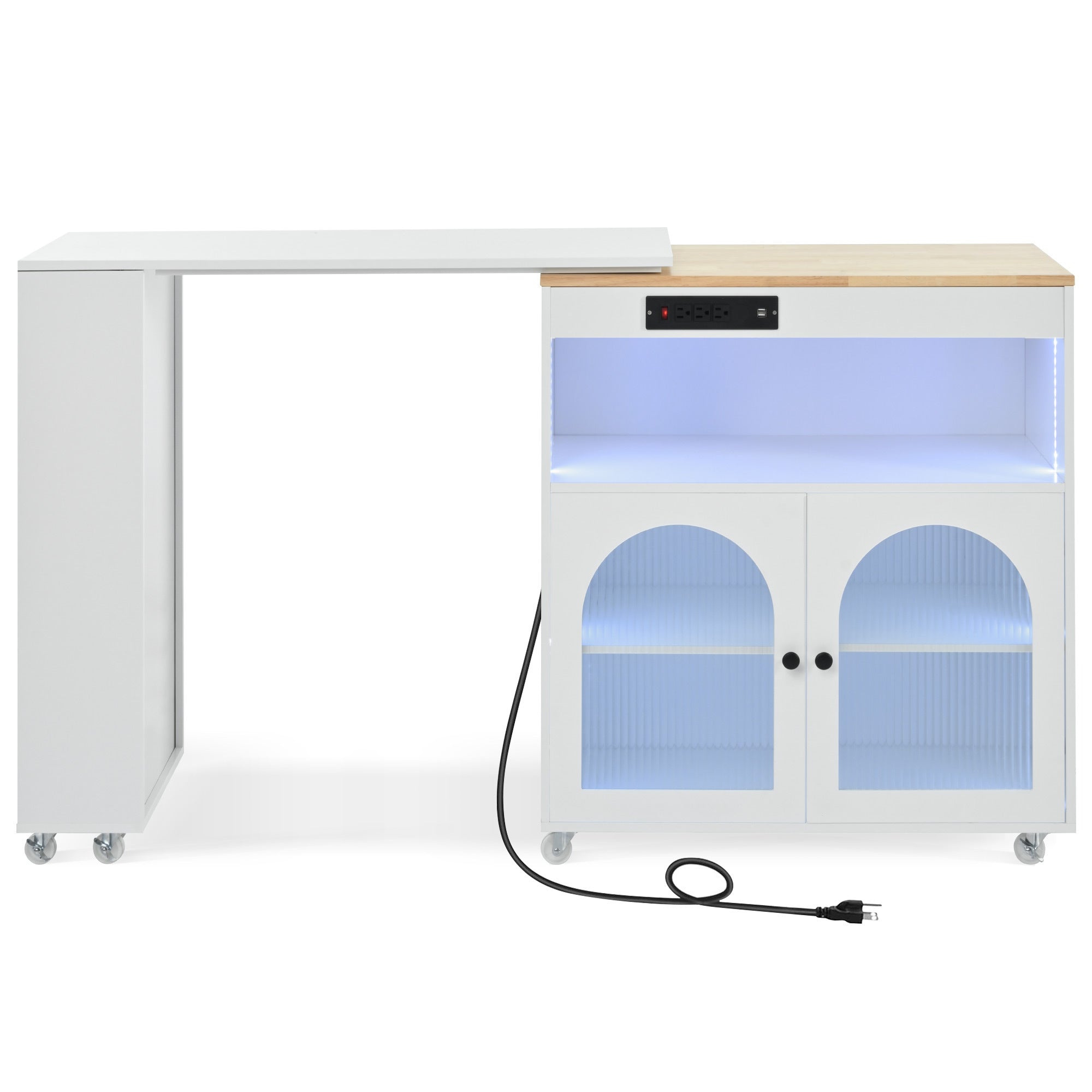 HAOYYE K&K Rolling Kitchen Island With Extended Table, Kitchen island on Wheels with LED Lights,Power Outlets and 2 Fluted Glass Doors, Kitchen Island with a Storage Compartment and Side 3 Open Shelves,White