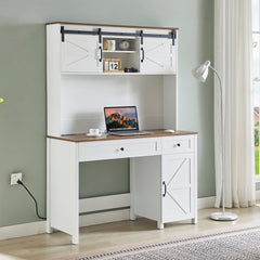 HAOYYE Farmhouse Executive Desk With Drawers, Rustic Home Office Desk With Charging Station, File Drawer, Storage Cabinet, Sturdy Space-Saving Heavy Duty Computer Writing Desk (Antique White)