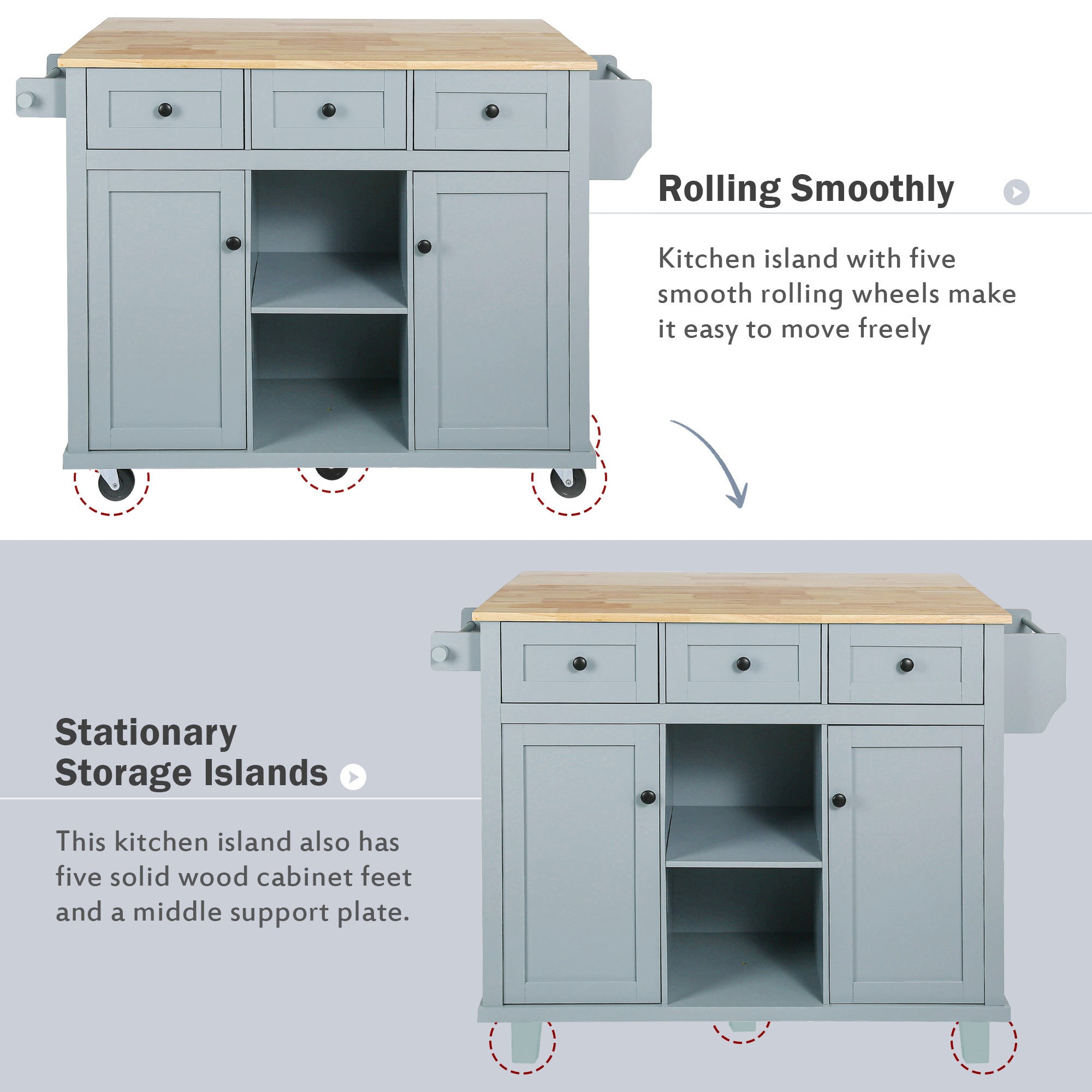 HAOYYE Kitchen Cart with Rubberwood Drop-Leaf Countertop, Cabinet Door Internal Storage Racks, Kitchen Island on 5 Wheels with Storage Cabinet and 3 Drawers for Dining Room, Grey Blue, Sturdy Space-Saving Design, Durable Home Furniture
