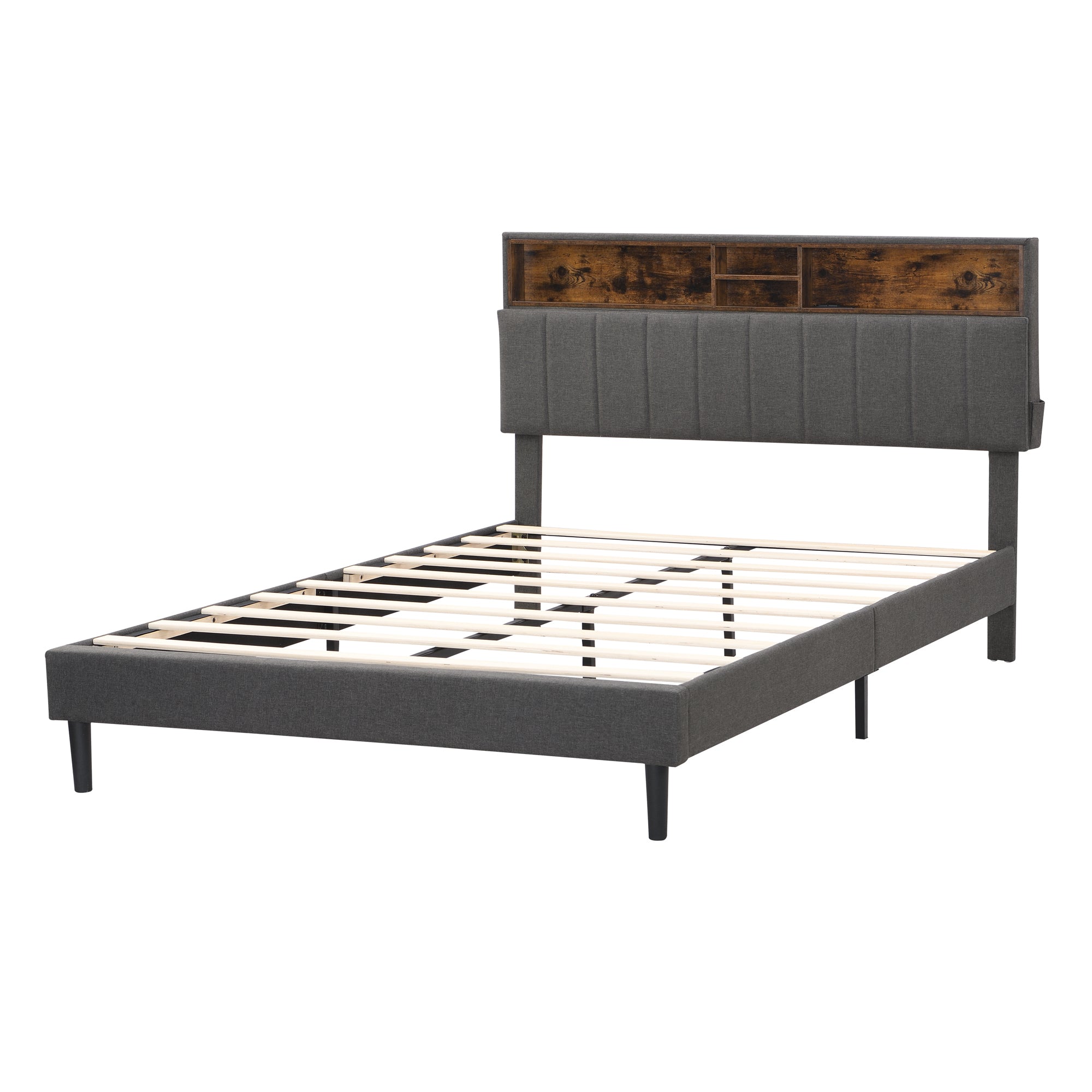 HAOYYE Queen Size Upholstered Platform Bed with Storage Headboard and USB Port, Linen Fabric Upholstered Bed (Gray) Sturdy Space-Saving Heavy Duty Modern Design Adults Dorm Room Easy Assembly
