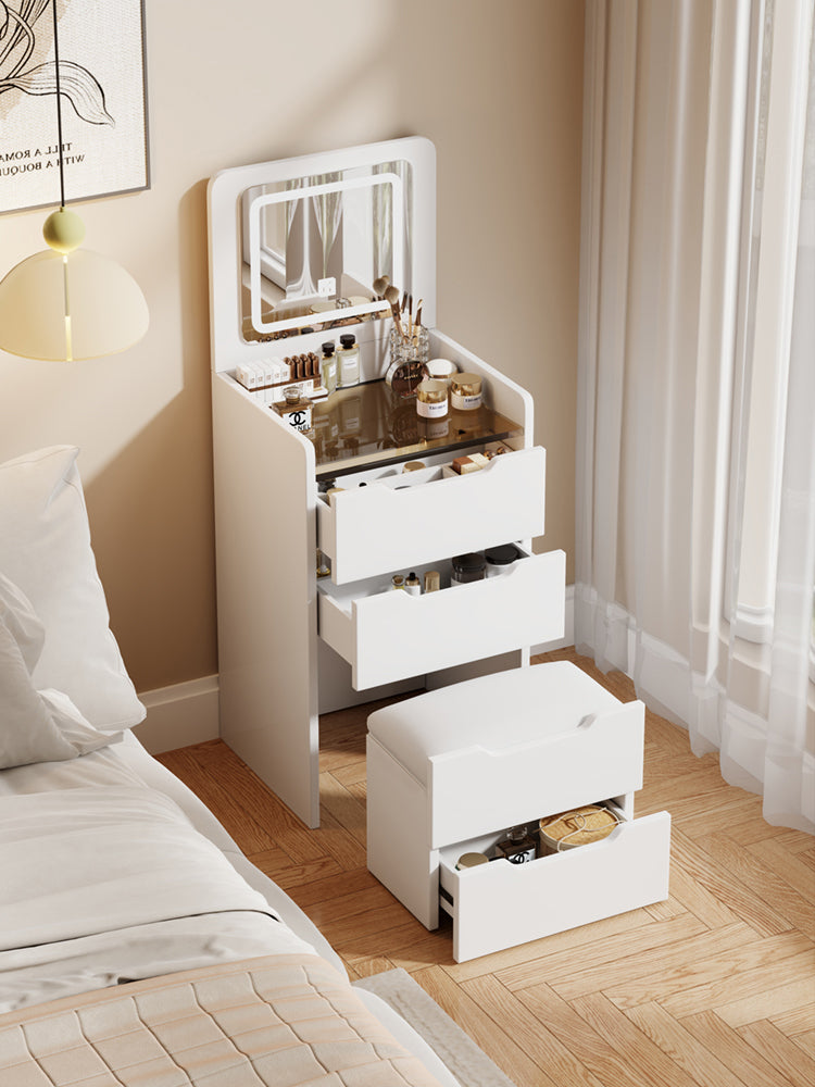 HAOYYE 3-in-1 Vanity Desk with Flip-Top Mirror, Small Makeup Vanity Set with Glass Desktop, Compact Dressing Table with 3 Drawers and Cushioned Stool, Christmas Gift, Sturdy and Stylish Home Furniture