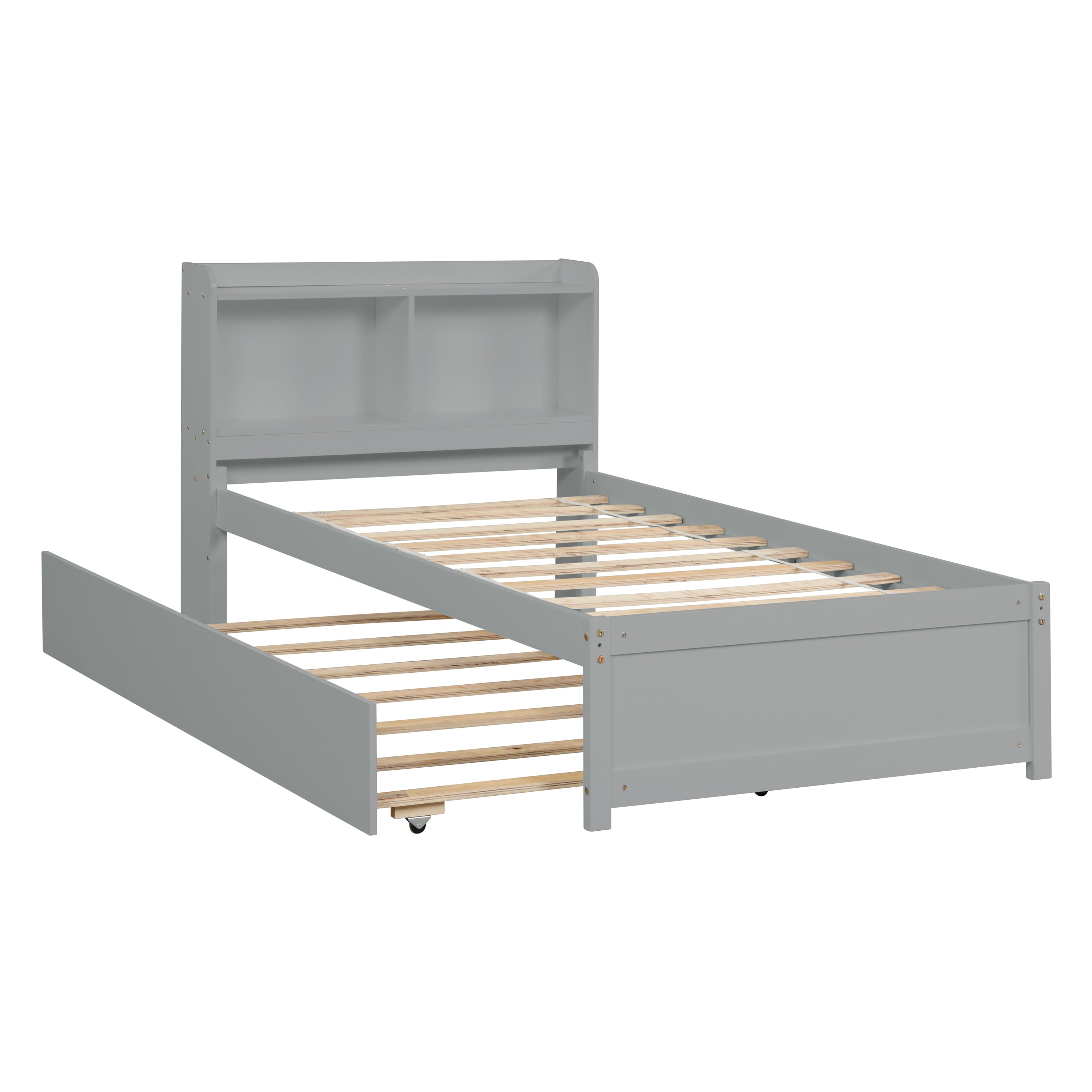 HAOYYE Twin Bed with Trundle,Bookcase,Grey Sturdy Space-Saving Heavy Duty Modern Design Adults Dorm Room Easy Assembly Bedroom Furniture