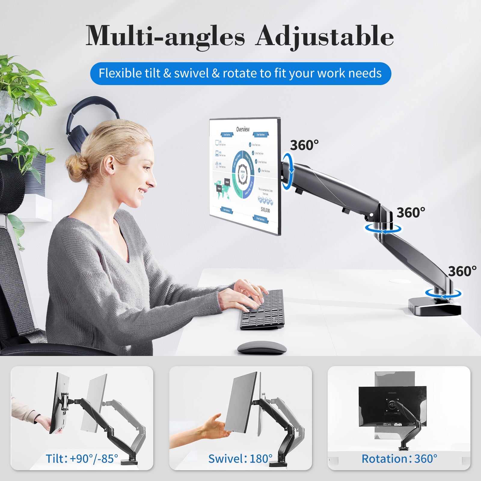 HAOYYE The monitor arm is adjustable for desktop mount and fits 15-27 inch monitors with weight capacities up to 15.4 pounds, black Sturdy Space-Saving Heavy Duty Modern Design Adults Dorm Room