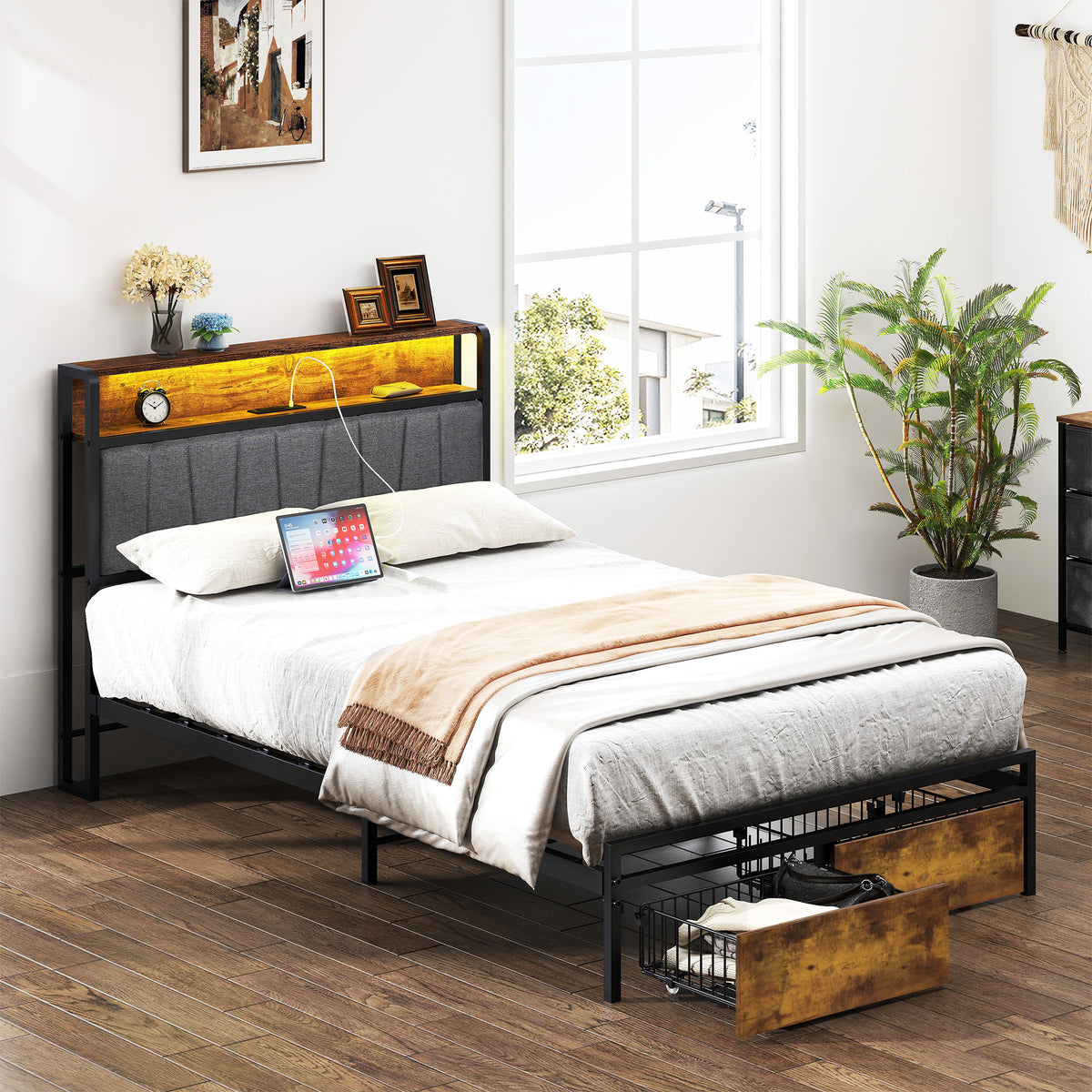 HAOYYE Twin Size Upholstered Platform Bed Frame with Storage Drawers, USB Ports, LED Lights, and Wingback Headboard, Rustic Brown, Sturdy Space-Saving Design, Heavy Duty Construction, Modern Stylish Home Furniture
