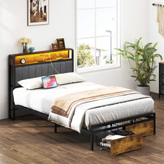 HAOYYE Twin Size Upholstered Platform Bed Frame with Storage Drawers, USB Ports, LED Lights, and Wingback Headboard, Rustic Brown, Sturdy Space-Saving Design, Heavy Duty Construction, Modern Stylish Home Furniture