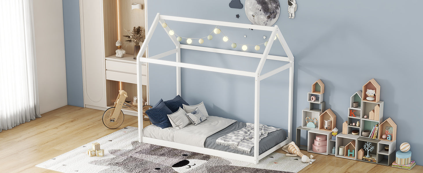 HAOYYE Twin Size Wooden House Bed, White Sturdy Space-Saving Heavy Duty Modern Design Adults Dorm Room Easy Assembly Bedroom Furniture