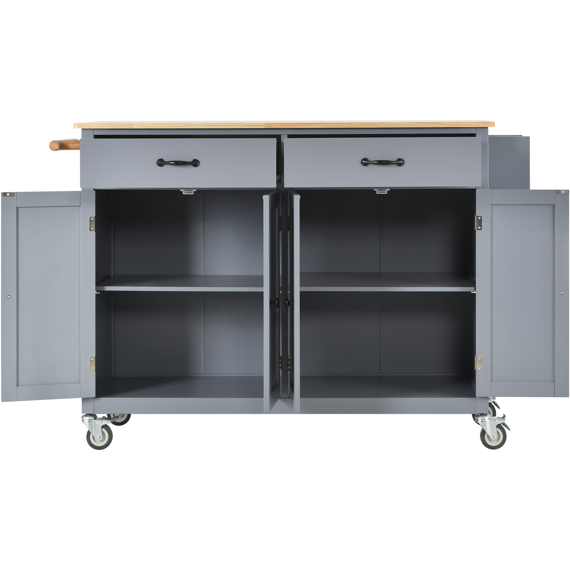 HAOYYE Kitchen Island Cart with Solid Wood Top and Locking Wheels, 4-Door Cabinet and 2 Drawers, Spice Rack, Towel Rack, Grey Blue, Sturdy Space-Saving Design, Heavy Duty Construction, Easy Assembly, Stylish and Durable Home Furniture