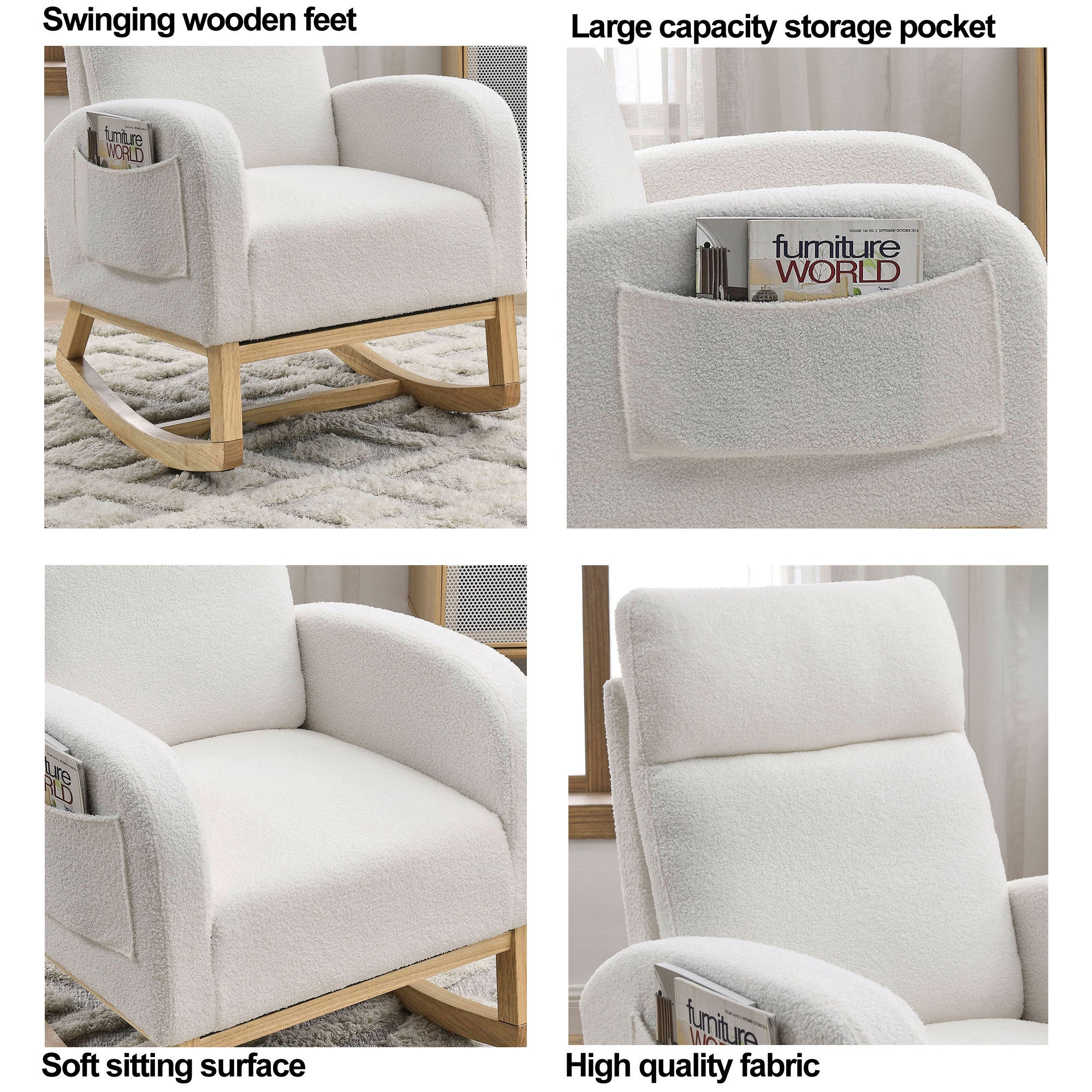 HAOYYE 27.6"W Modern Accent High Backrest Living Room Lounge Arm Rocking Chair, Two Side Pocket ,Teddy White (Ivory) Sturdy Space-Saving Heavy Duty Modern Design Adults Dorm Room