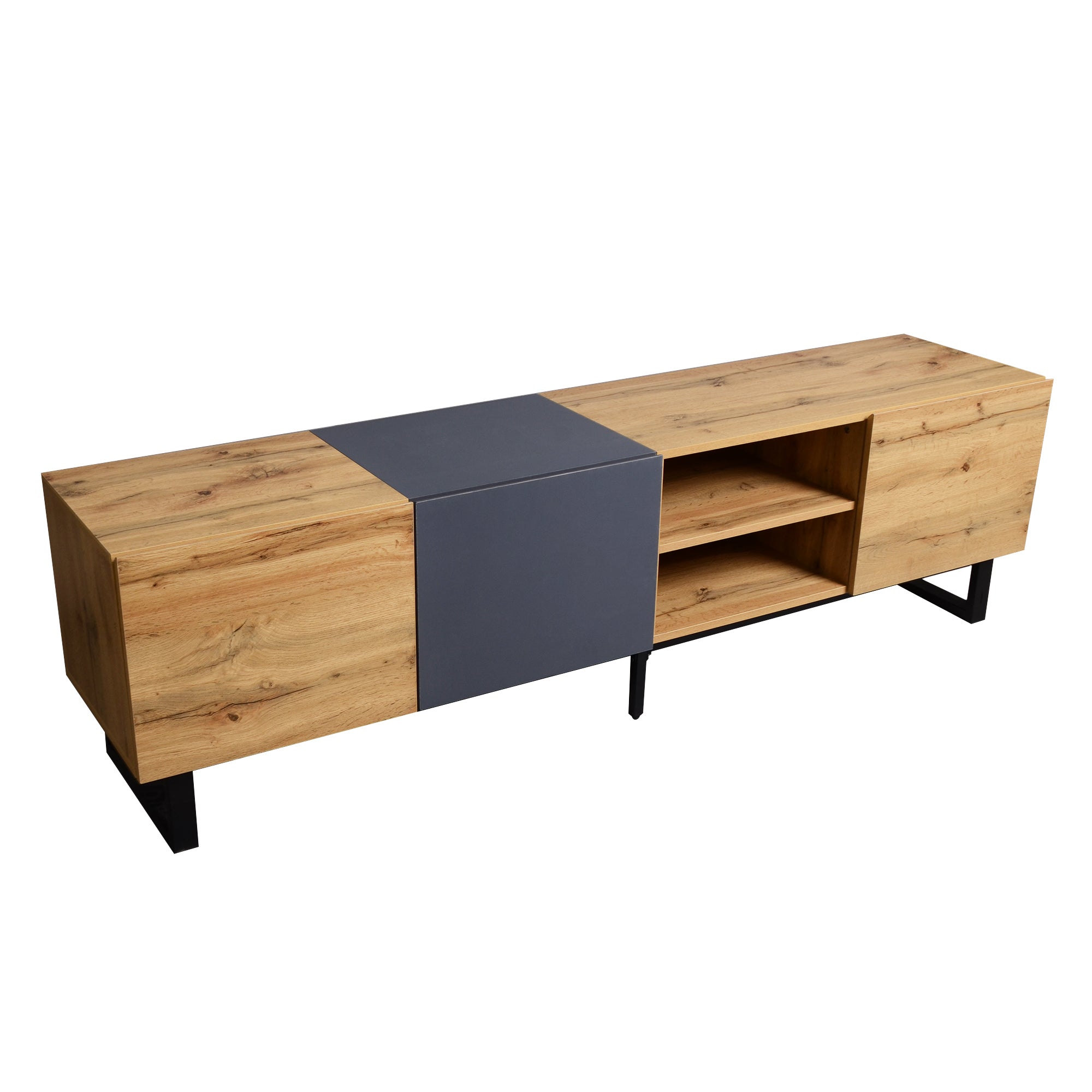 HAOYYE Modern TV Stand with 3 Cabinets and Open Shelves, Color-Matched Media Console Table for TVs up to 80 Inches, Entertainment Center with Drop Down Door for Living Room, Bedroom, and Home Theatre, Sturdy, Space-Saving Heavy Duty Design