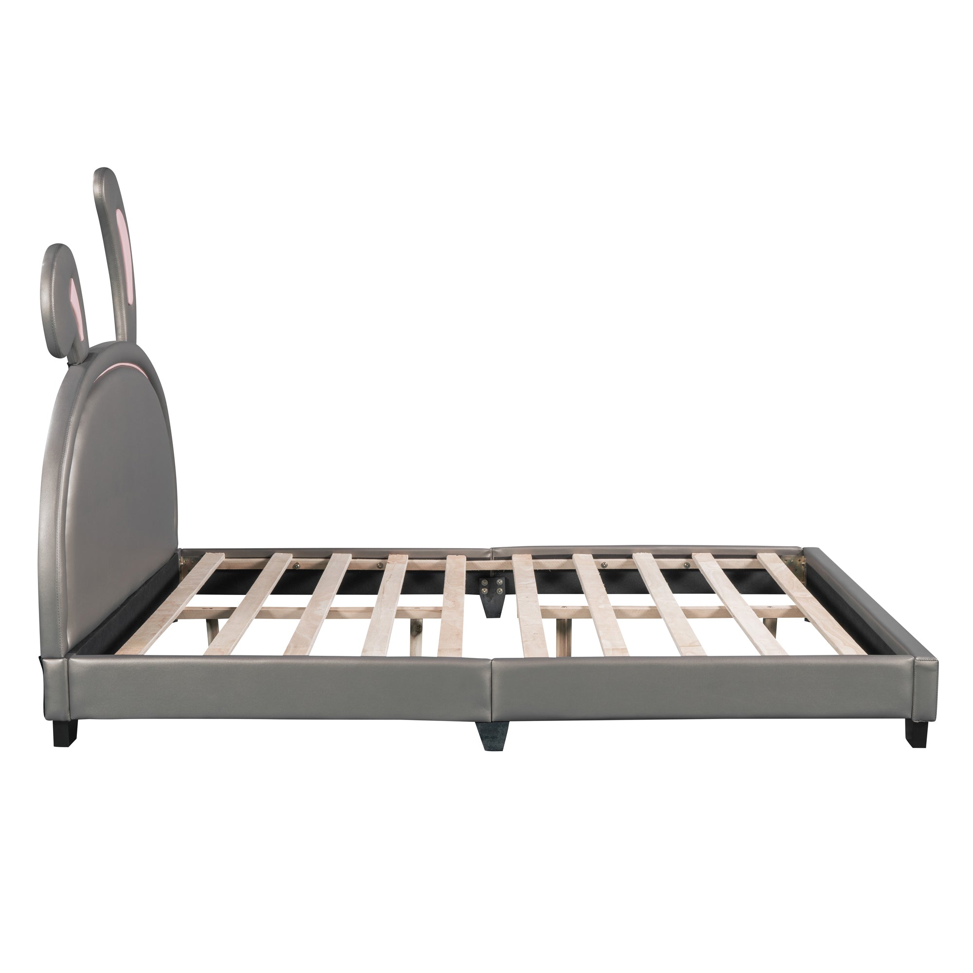 HAOYYE Full Size Upholstered Leather Platform Bed with Rabbit Ornament, Gray Sturdy Space-Saving Heavy Duty Modern Design Adults Dorm Room Easy Assembly Bedroom Furniture