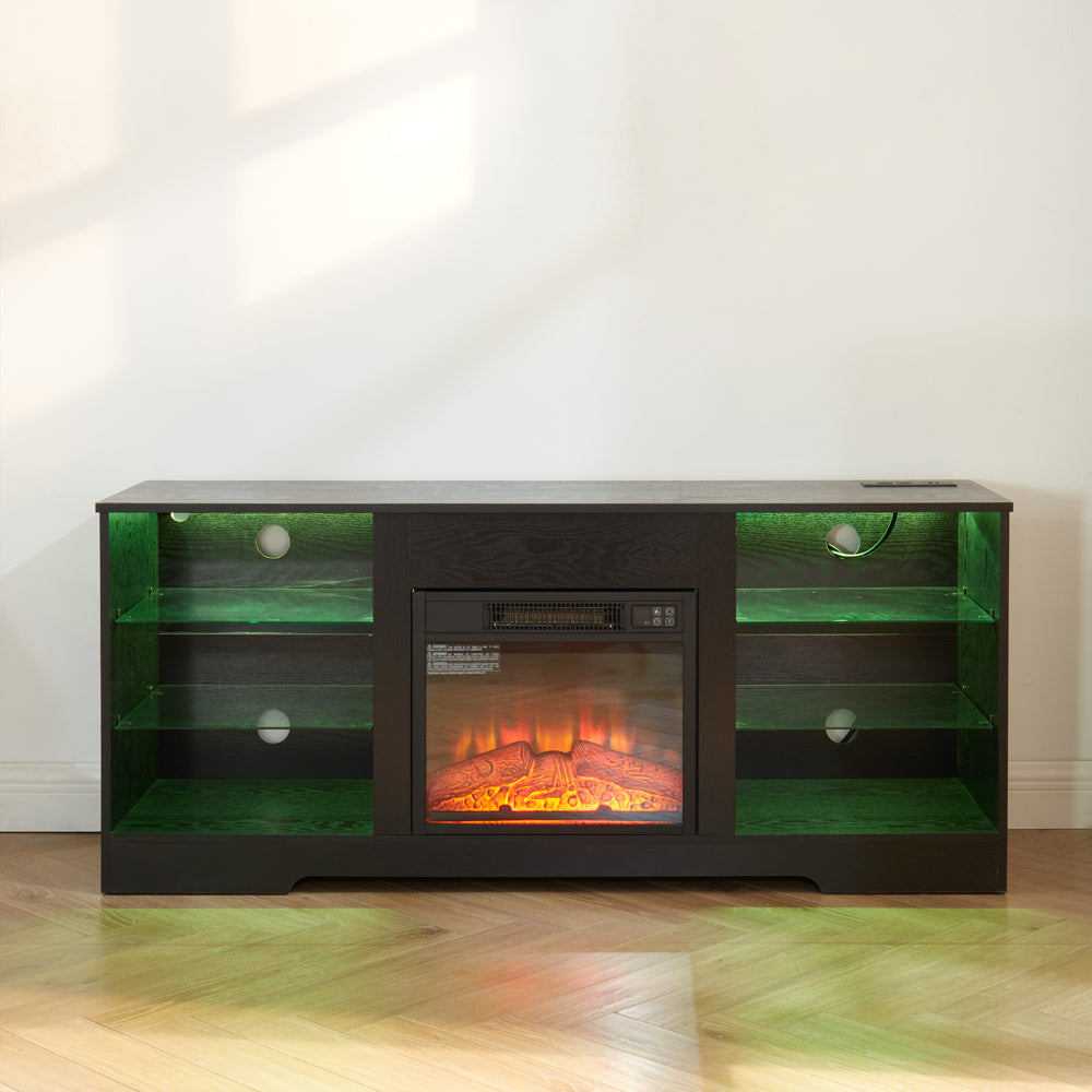 HAOYYE Modern TV Stand With Electric Fireplace, Glass Shelves, 3D Wood Design, LED Lights, And USB Charging Outlet – Entertainment Console Table For TVs From 32 To 62 Inch, Sturdy, Space-Saving Heavy Duty Media Center In Black