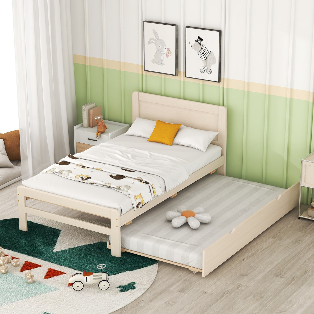 HAOYYE Modern Design Twin Size Platform Bed Frame with Trundle for White Washed Color Sturdy Space-Saving Heavy Duty Easy Assembly Durable Stylish Home Furniture Versatile