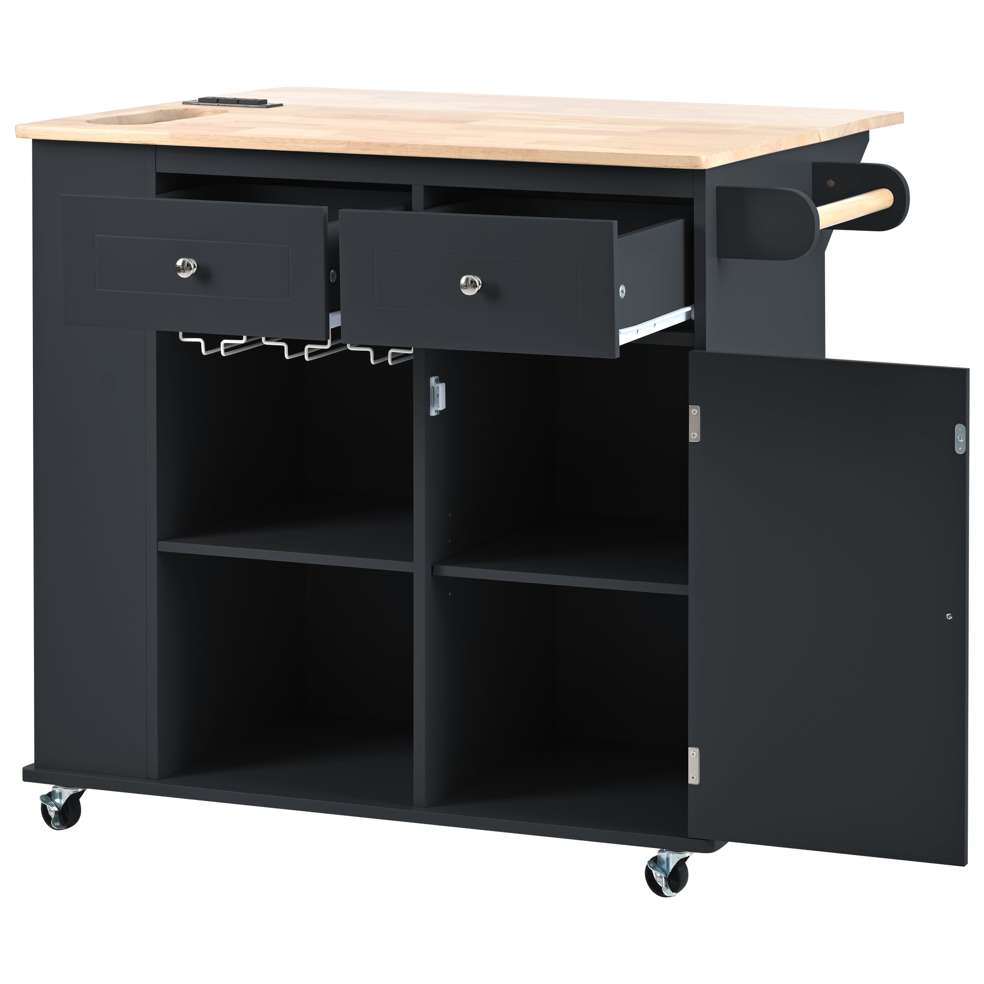 HAOYYE Kitchen Island with Power Outlet, Drop Leaf, Rubber Wood Top, Wine Rack, and Adjustable Storage. Black Kitchen Storage Island on Wheels, Ideal for Home, Kitchen, and Dining Room