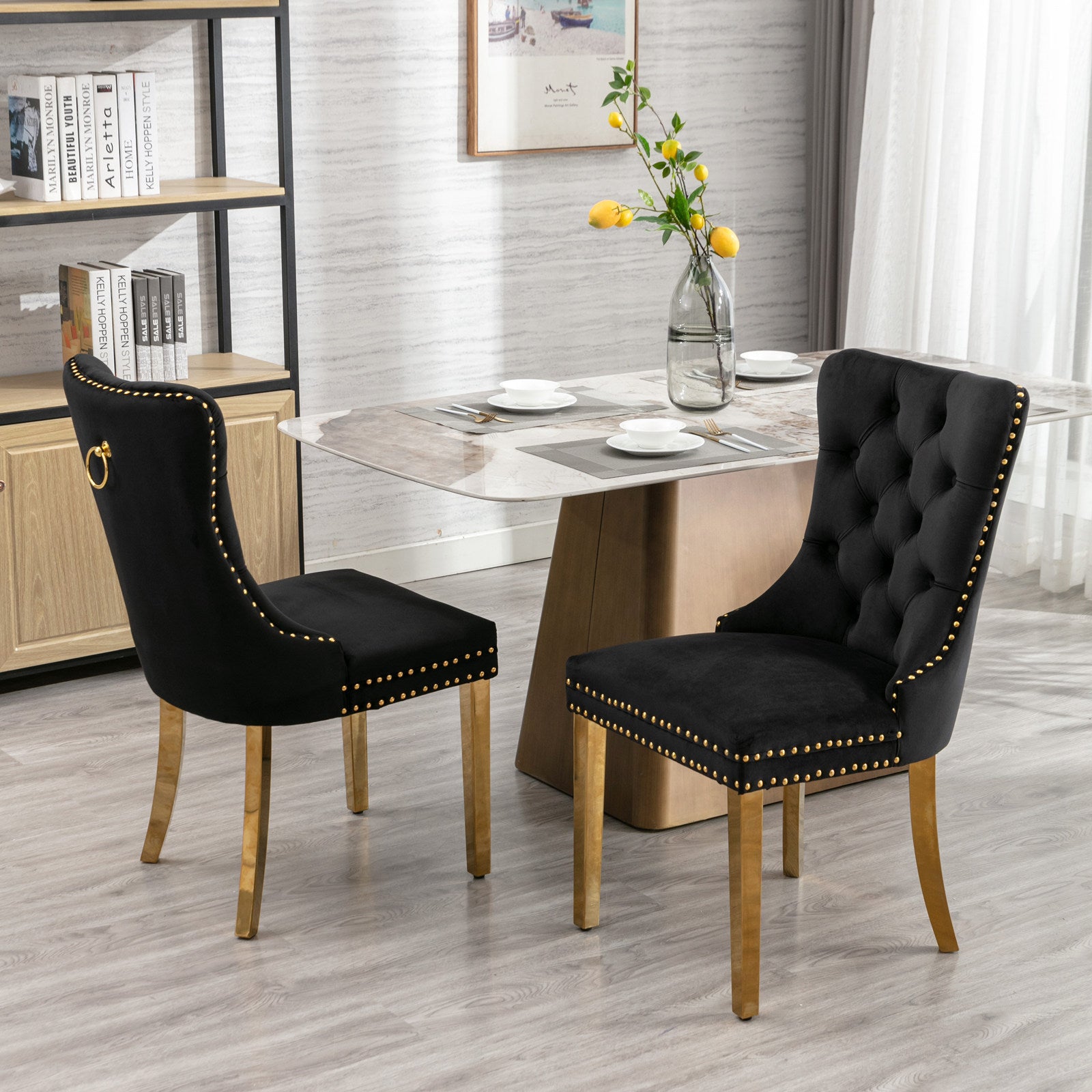 HAOYYE High-end Tufted Solid Wood Contemporary Velvet Upholstered Dining Chair with Golden Stainless Steel Plating Legs,Nailhead Trim,Set of 2，Black and Gold, SW1601BK