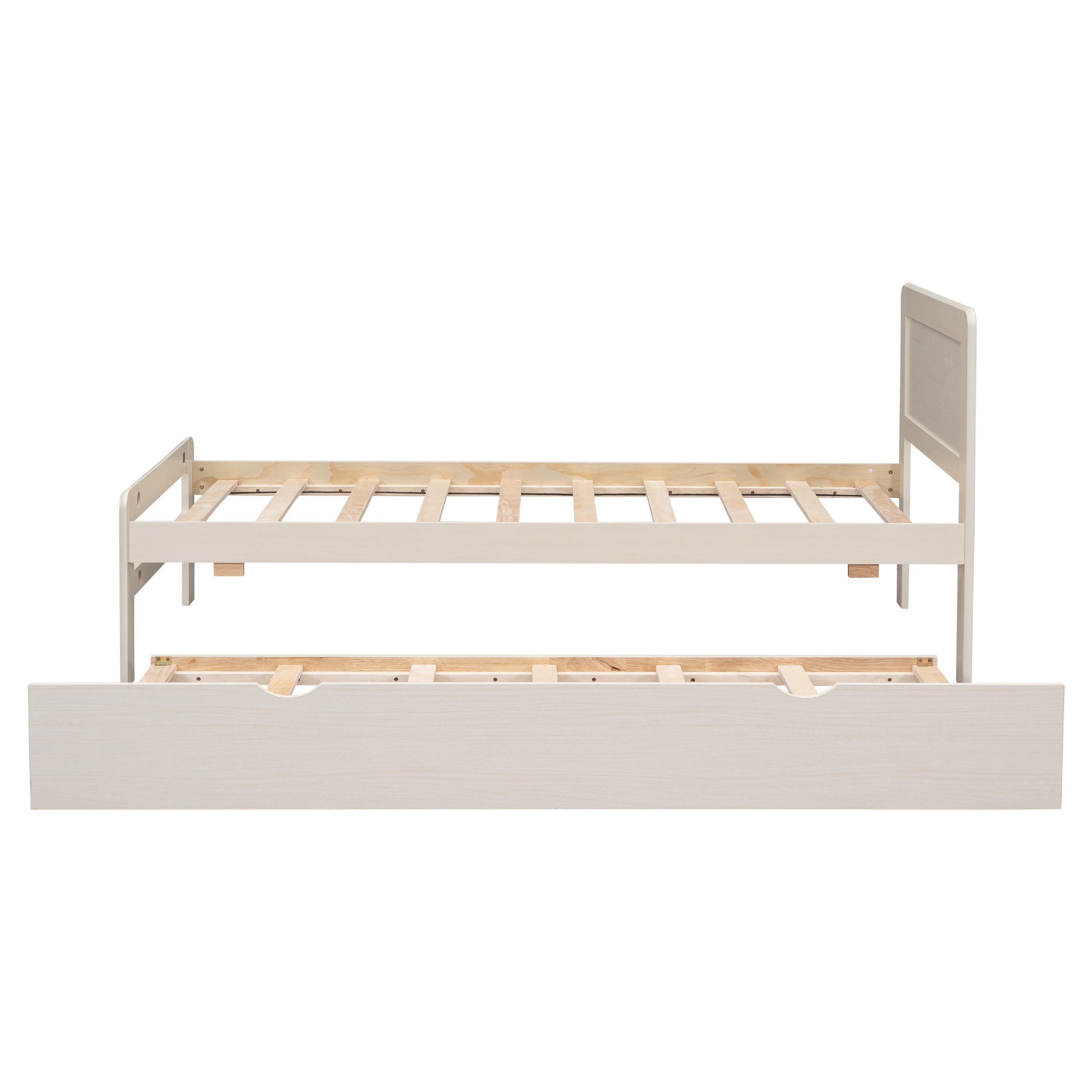 HAOYYE Modern Design Twin Size Platform Bed Frame with Trundle for White Washed Color Sturdy Space-Saving Heavy Duty Easy Assembly Durable Stylish Home Furniture Versatile