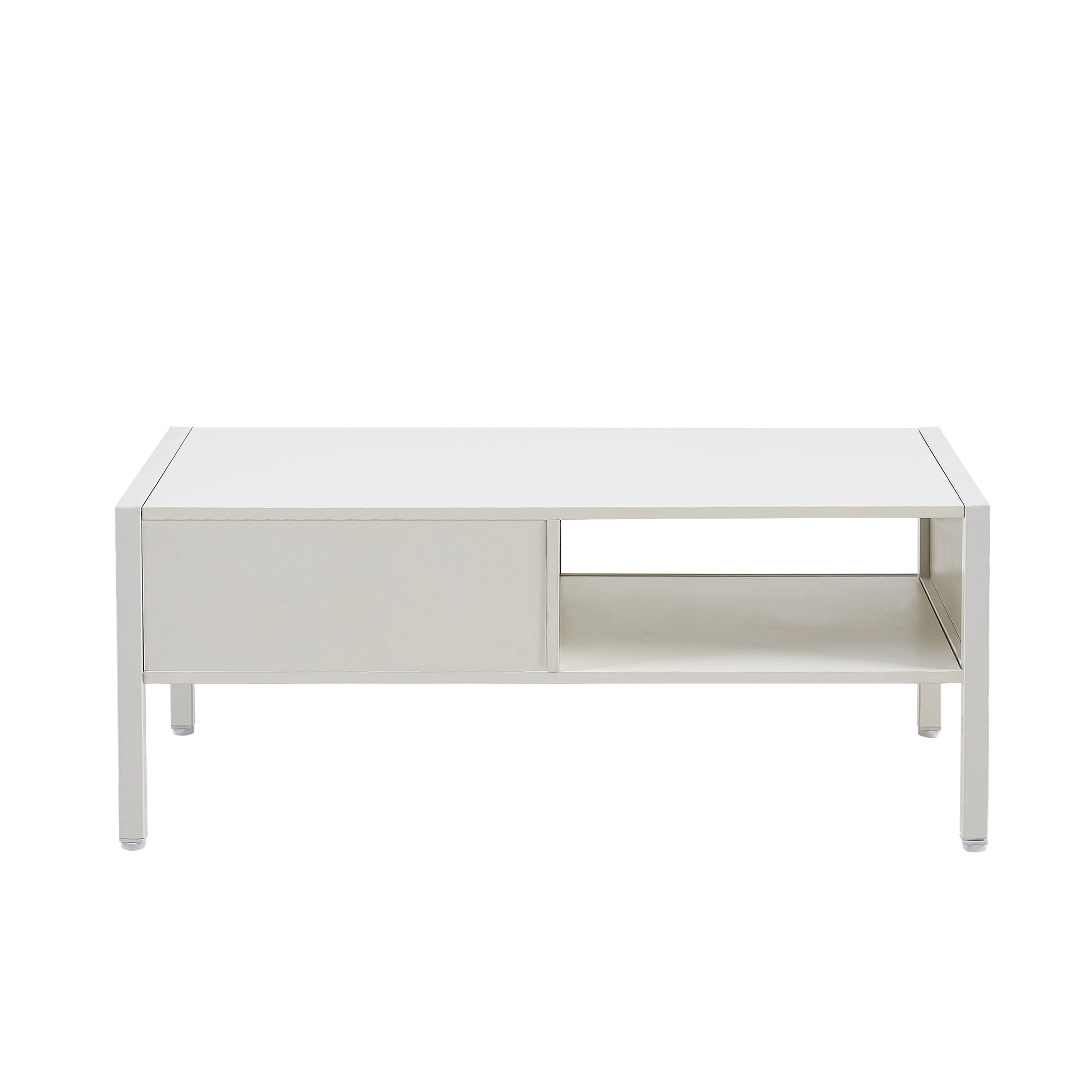 HAOYYE White Rattan Coffee Table With Sliding Door, Metal Legs, Modern Storage Table for Living Room, Sturdy Space-Saving Heavy Duty Design, Easy Assembly