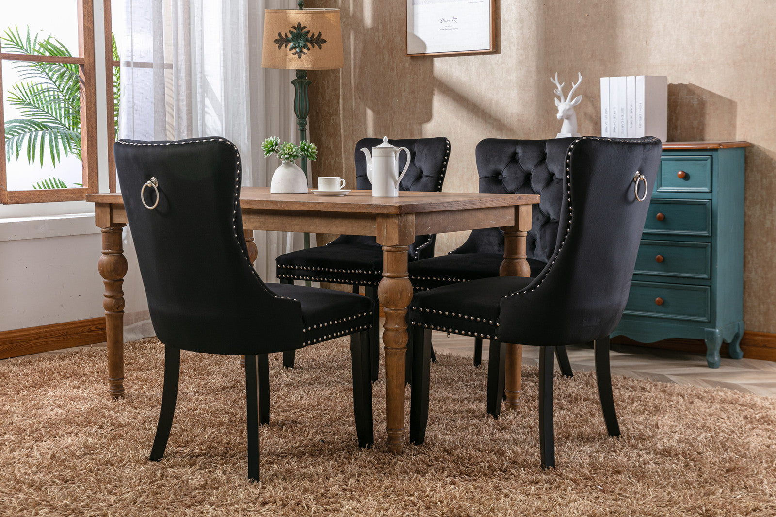 HAOYYE High-end Tufted Solid Wood Contemporary Velvet Upholstered Dining Chair with Wood Legs Nailhead Trim 2-Pcs Set, Black, SW2001BK Sturdy Space-Saving Heavy Duty Modern Design