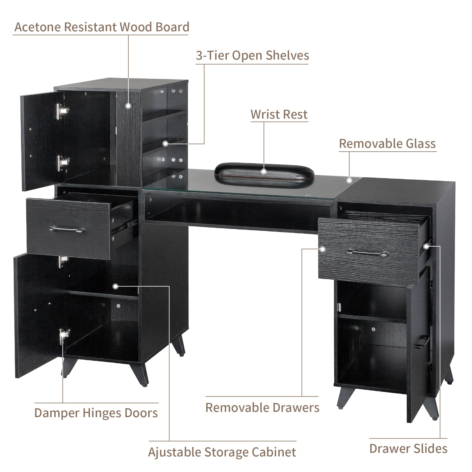 HAOYYE Black Nail Table with Tempered Glass Top and Relief Particle Board Finish, Three Doors and Two Drawers, Fanless Design for Salon Manicure Station or Home Beauty Workspace