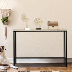 HAOYYE Light Walnut Console Sofa Table for Entryway and Living Room, Industrial Style Side Table with Sturdy Metal Frame and MDF Board, Slim Design for Hallway Bedroom Behind Couch Use