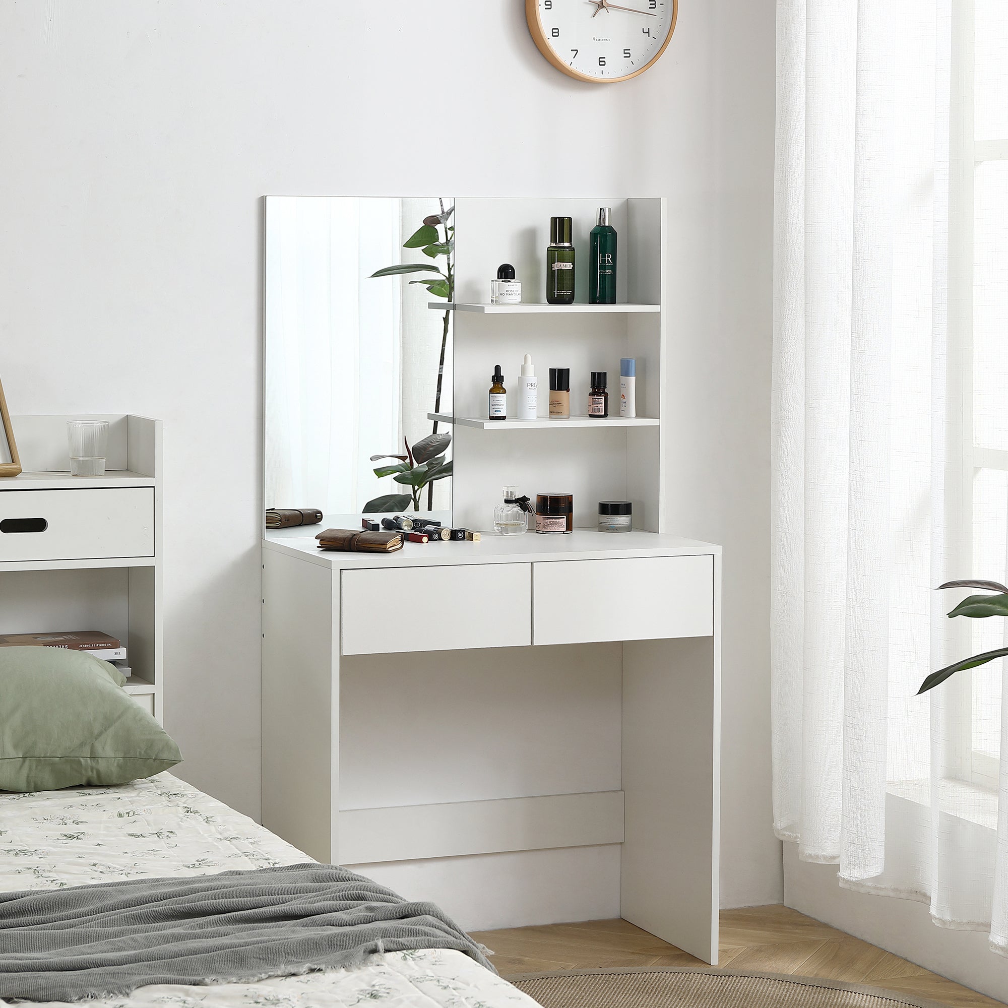 HAOYYE Vanity Desk with Mirror, White Dressing Table with 2 Drawers, Modern Makeup Vanity for Bedroom, Small Space Vanity Table with Storage, Sleek & Elegant Design for Girls and Women, Compact Beauty Station for Makeup Room
