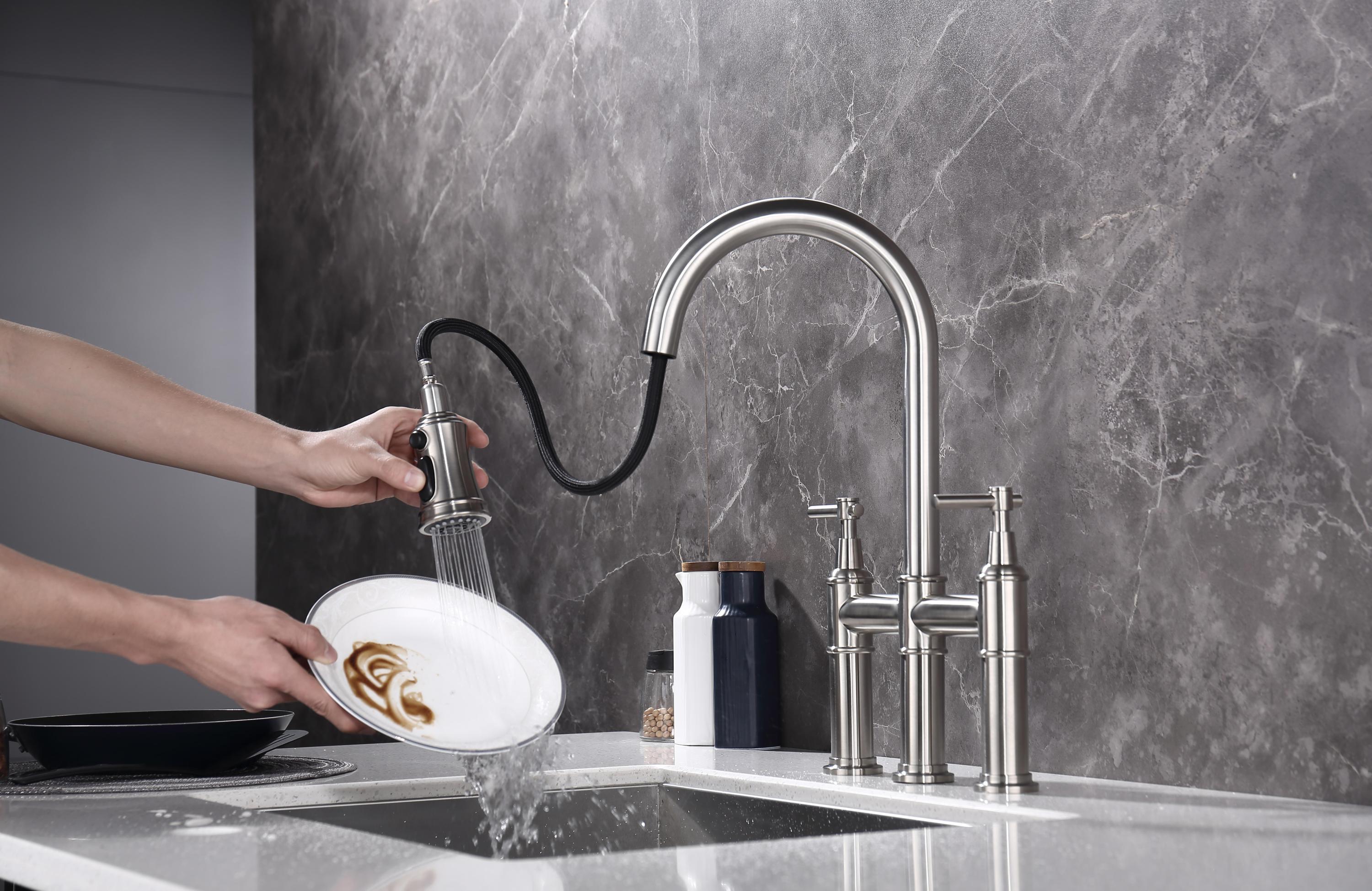 HAOYYE Bridge Kitchen Faucet with Pull-Down Sprayhead in Spot Sturdy Space-Saving Heavy Duty Modern Design Adults Dorm Room Easy Assembly Bedroom Furniture