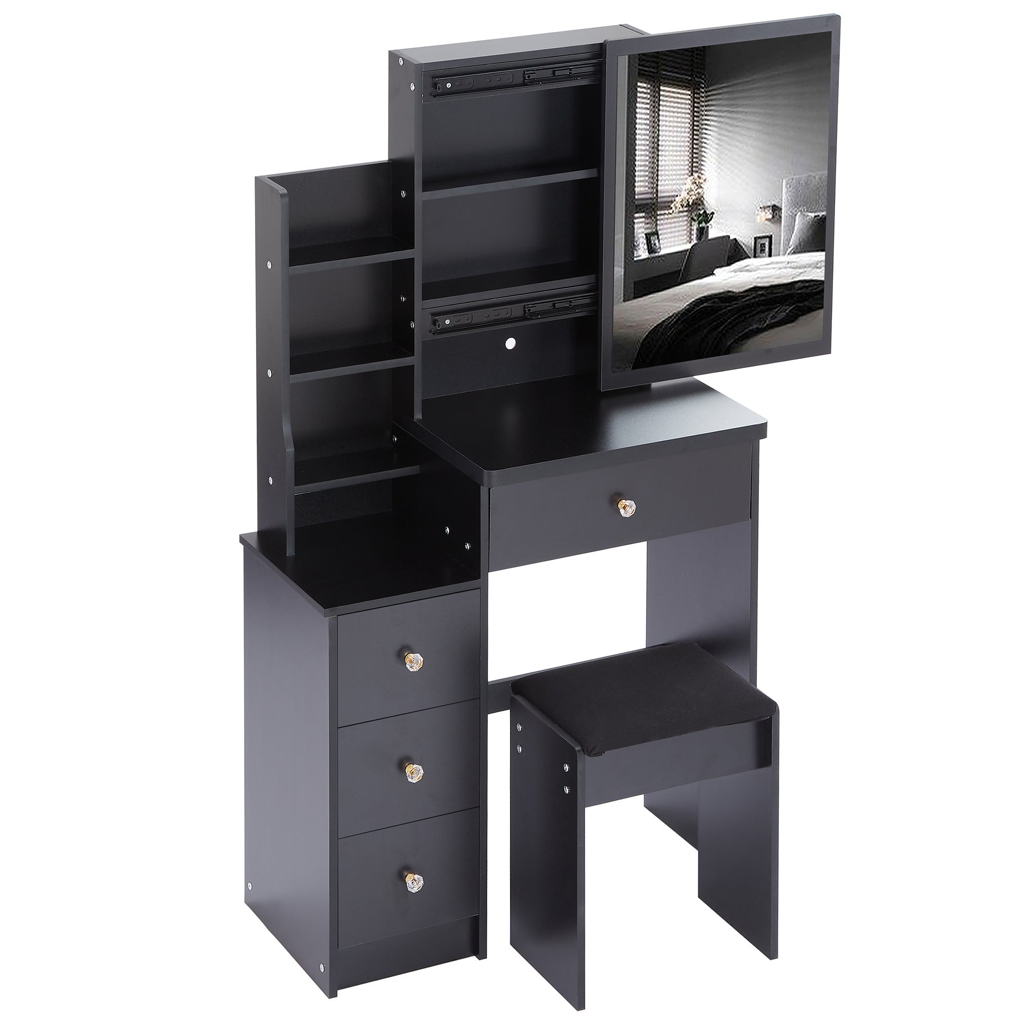 HAOYYE Small Size Left Bedside Cabinet Vanity Table + Cushioned Stool, Extra Large Sliding Mirror, Multi Layer, High Capacity Storage Fashionable Dresser, Suitable for Small Space, EPA,GCC,UL Certificate