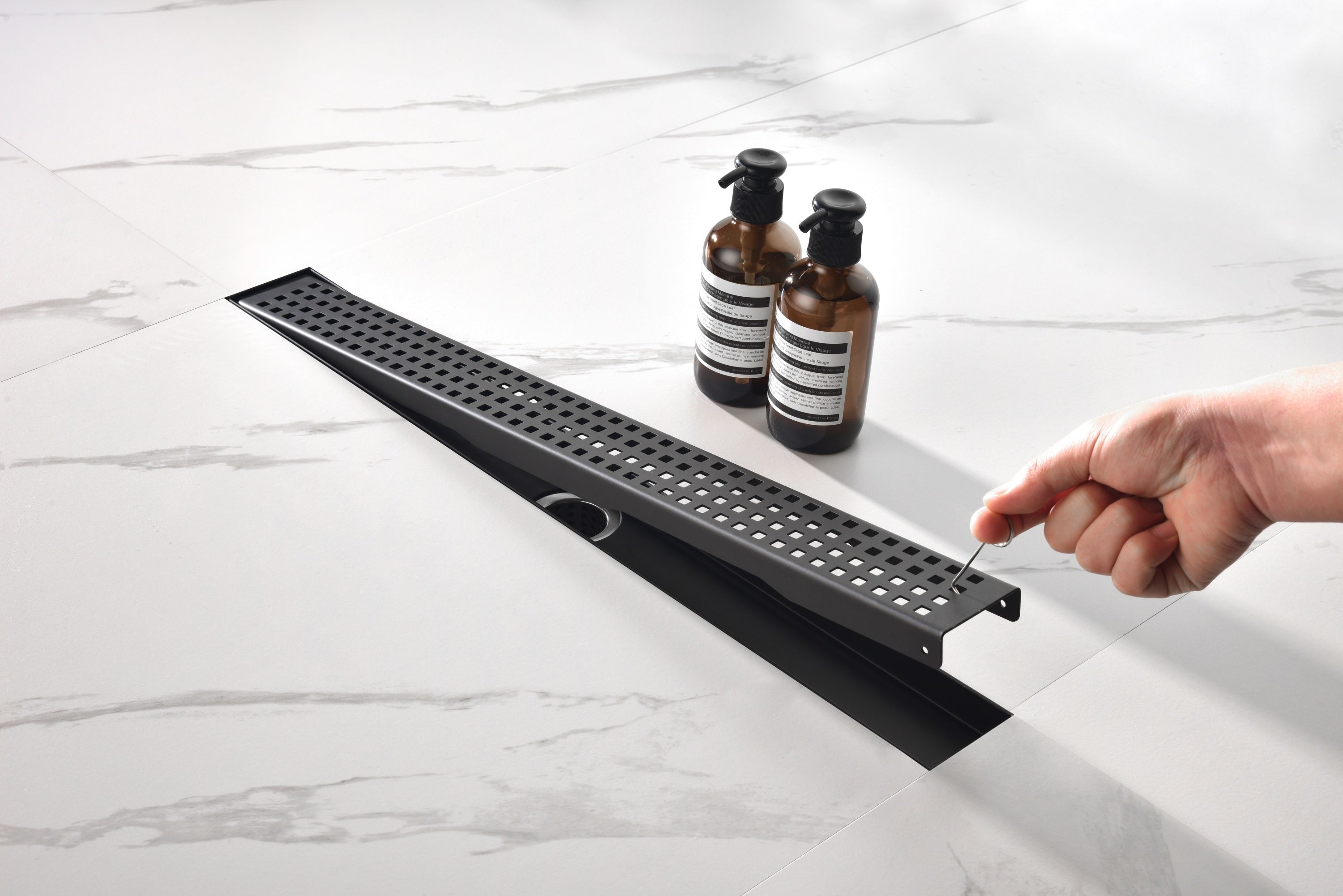 HAOYYE Linear Shower Drain with Removable Quadrato Pattern Grate, 304 Stainless Shower Drain Included Hair Strainer and Leveling Feet Sturdy Space-Saving Heavy Duty Modern Design Adults Dorm Room