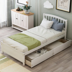 HAOYYE Twin Platform Bed Frame with Two Storage Drawers and Headboard, White, Sturdy Space-Saving Design, Heavy Duty Construction, Easy Assembly, Durable and Stylish Home Furniture