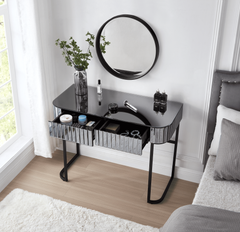 HAOYYE 39" Mirrored Makeup Vanity Table with Stainless Steel Base, Mirrored Console Dressing Table with 2 Drawers,Versatile Desk for Bedroom and Office, Gray