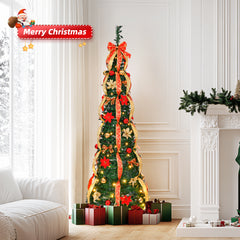 HAOYYE Green Pre-lit Pop Up Christmas Tree Fully Decorated Artificial Xmas Tree with 150 Warm LED Lights Red and Golden Ornaments Easy Assembly for Home Office Store Holiday Decoration