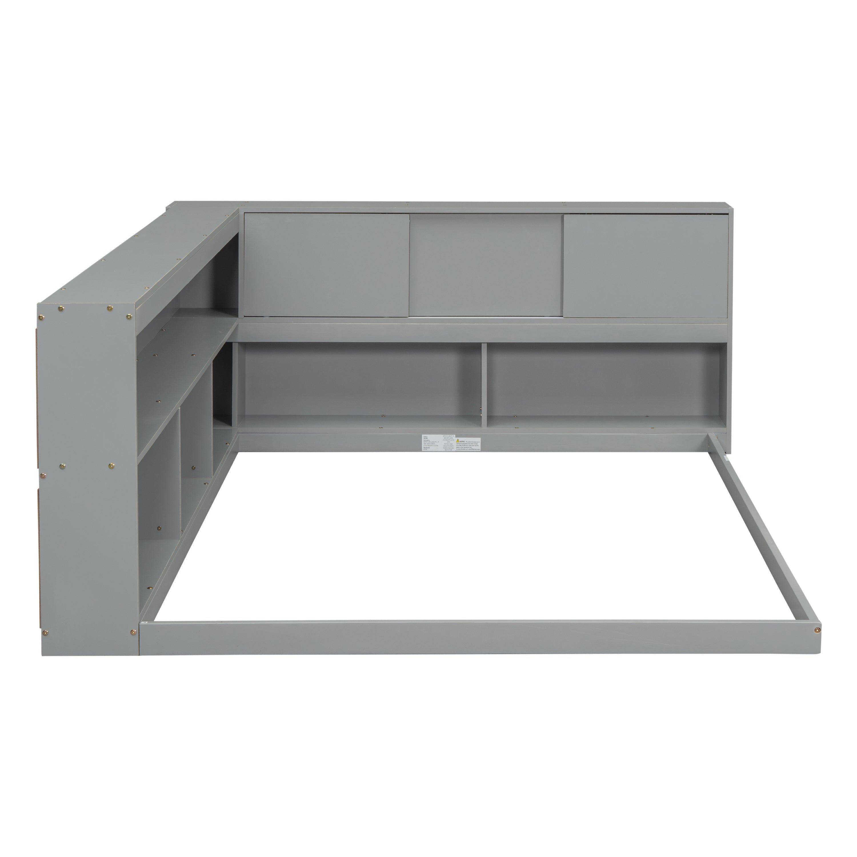 HAOYYE Full Floor Bed with L-shaped Bookcases, sliding doors,without slats,Grey Sturdy Space-Saving Heavy Duty Modern Design Easy Assembly Durable Stylish Home Furniture Versatile