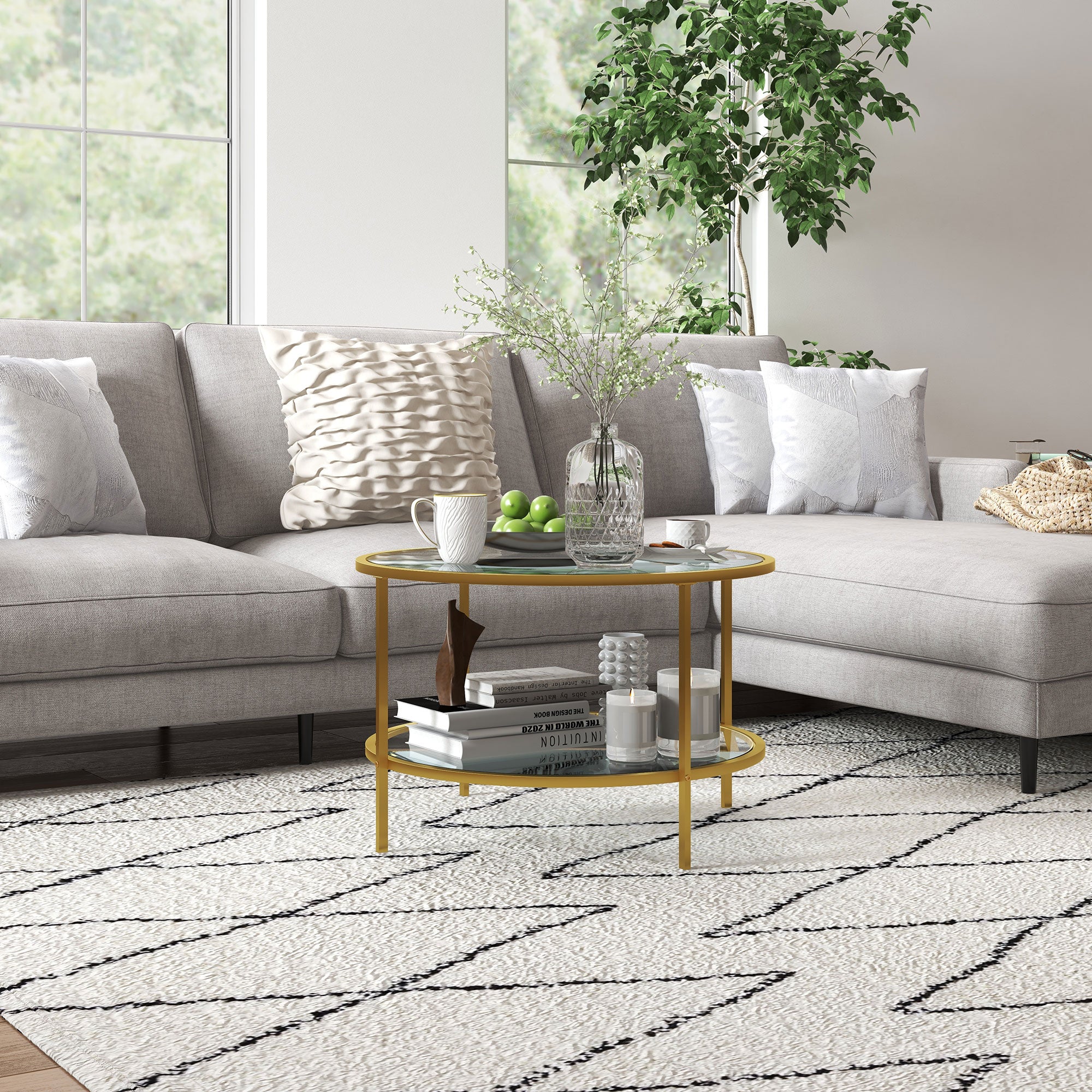 HAOYYE Rattan Coffee Table with Storage Shelf, Round Boho Side Table with Woven Rattan Top and Wood Frame, Small Accent Table for Living Room Bedroom Balcony, Modern Natural Style Indoor End Table for Home and Apartment