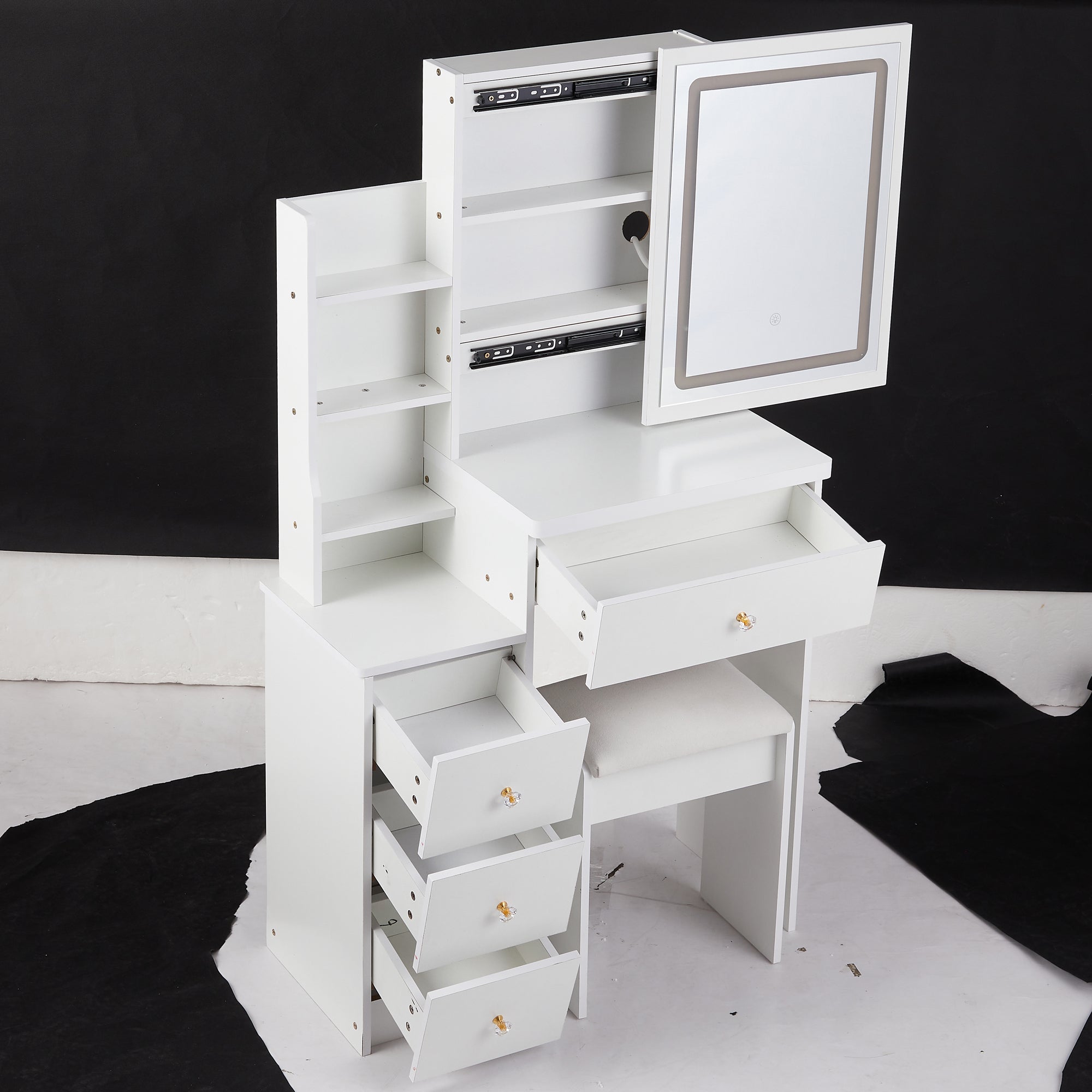HAOYYE Small Vanity Table Set With Touch Control Sliding LED Mirror, Tri-Color Switching, Adjustable Brightness, Multi-Layer Storage, Includes Cushioned Stool, Ideal For Compact Spaces, EPA, GCC, And UL Certified